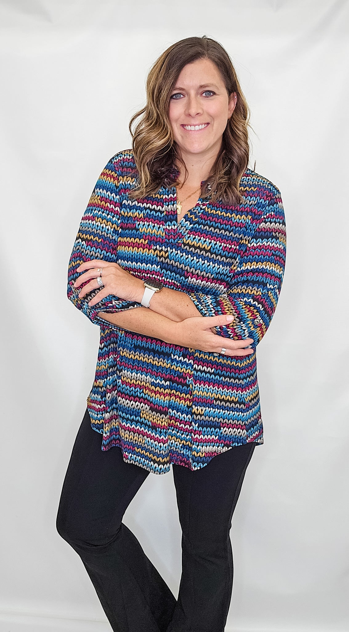 Teal Multi Printed Lizzy 3/4 Sleeve Top - Extended Sizes