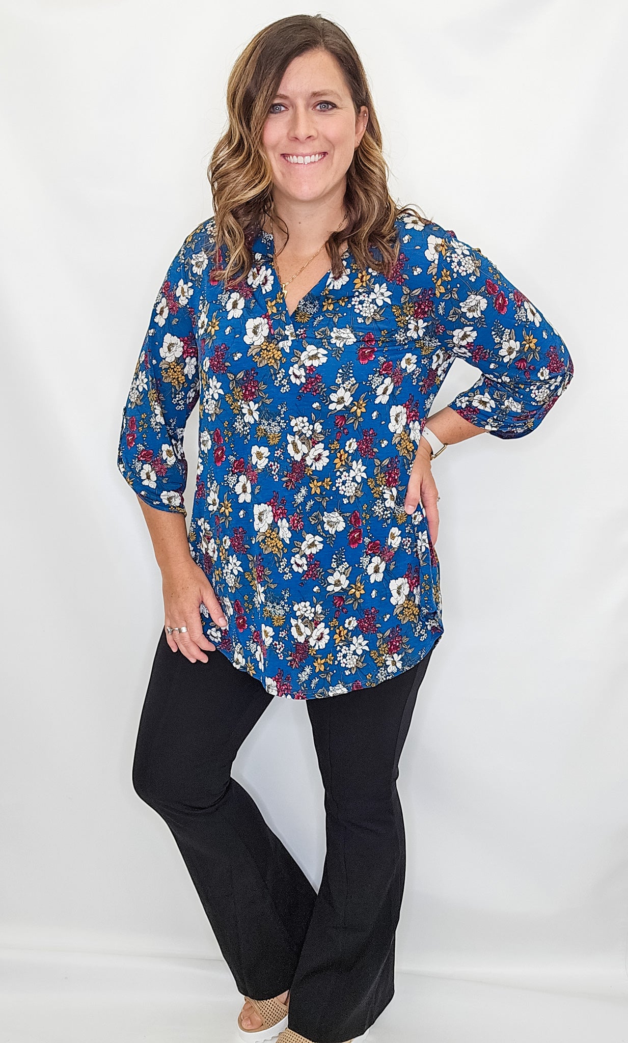 Teal Floral Lizzy 3/4 Sleeve Top - Extended Sizes