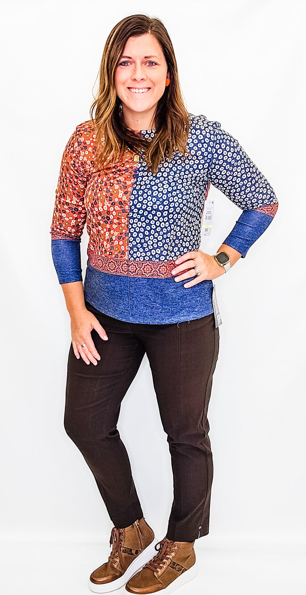 Multiples Cinnamon & Navy 3/4 Sleeve Top