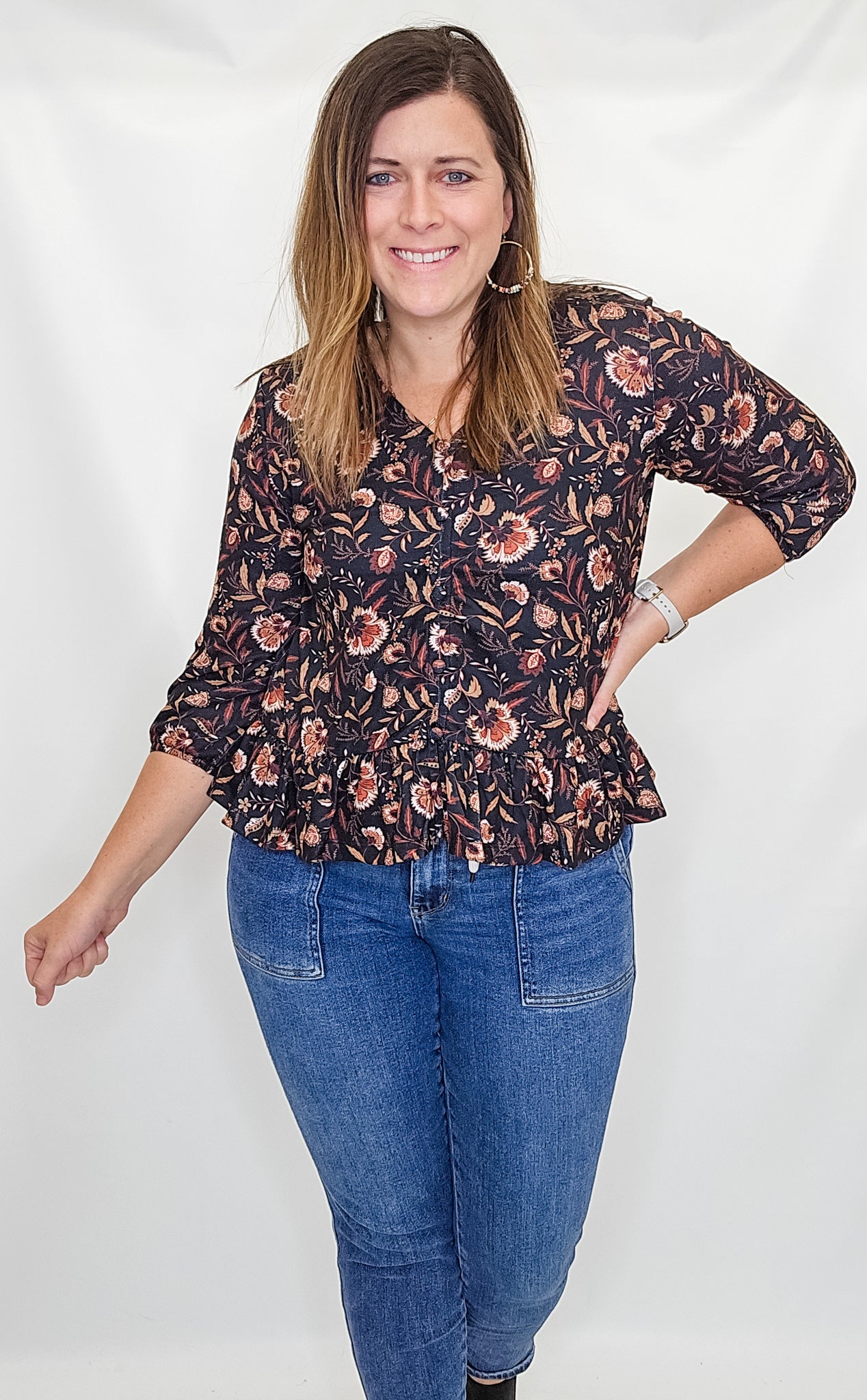 Keren Hart Black Knit Fall Floral Peplum Blouse