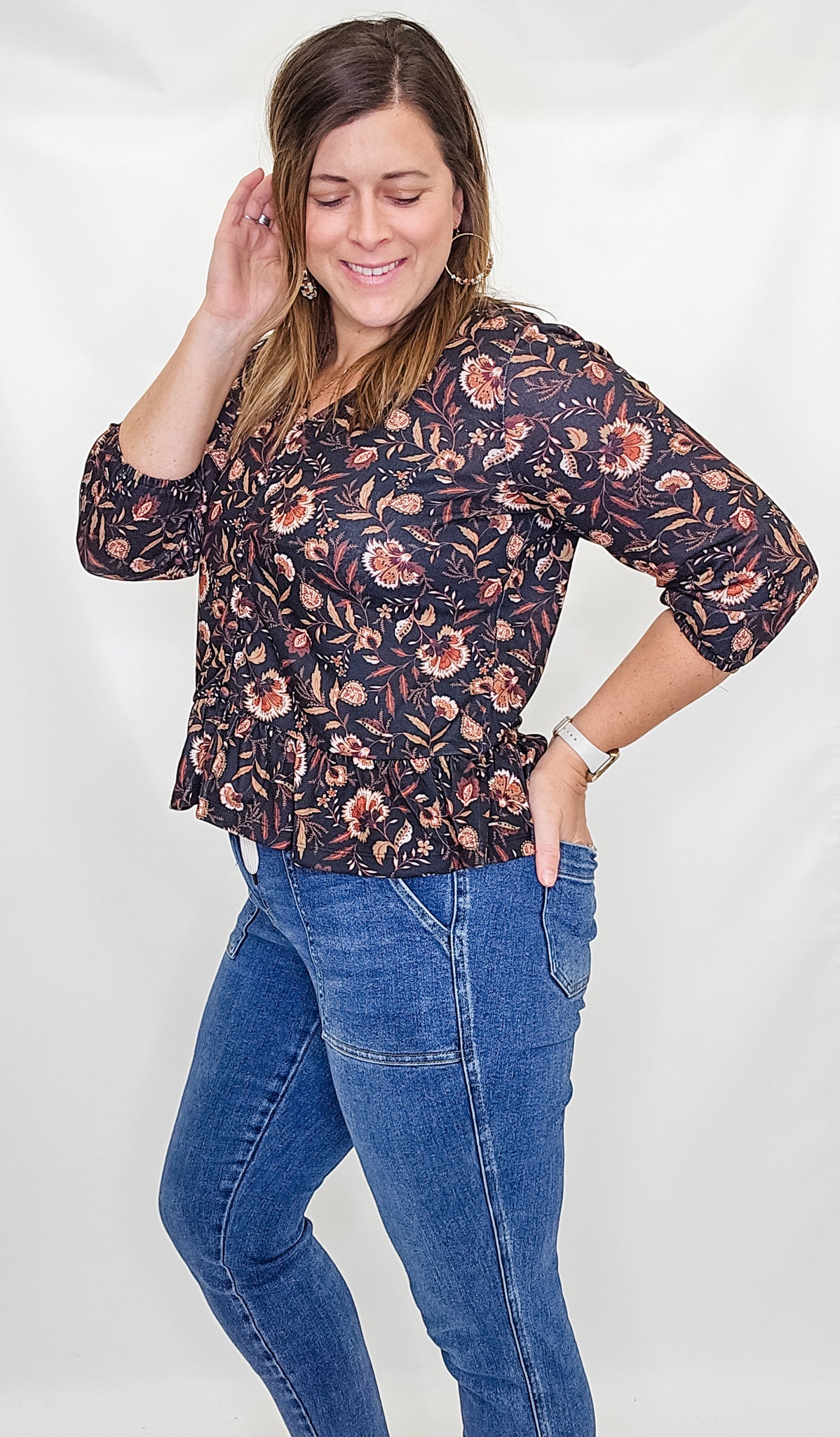 Keren Hart Black Knit Fall Floral Peplum Blouse
