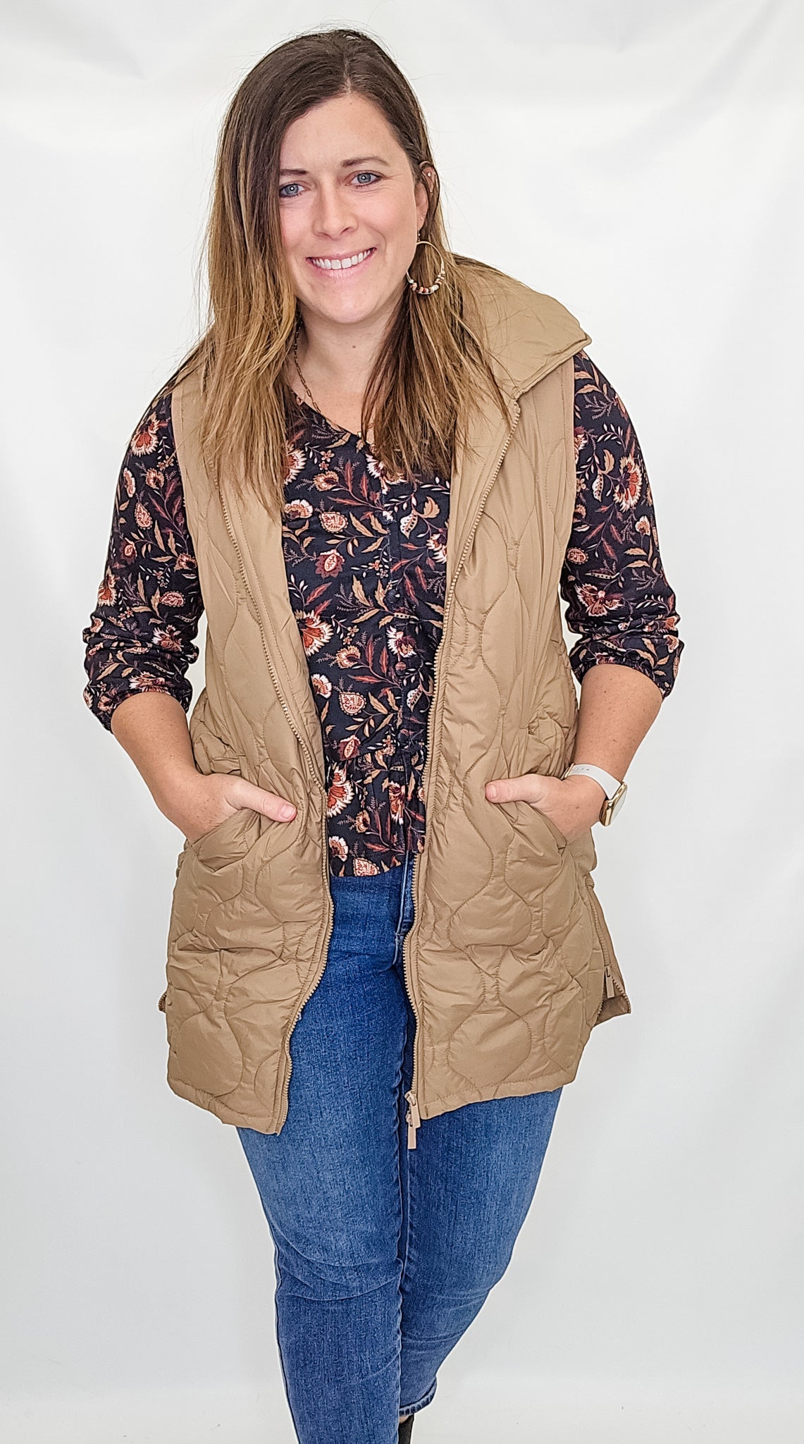 Keren Hart Quilted, Long Zippered Vest - Variety