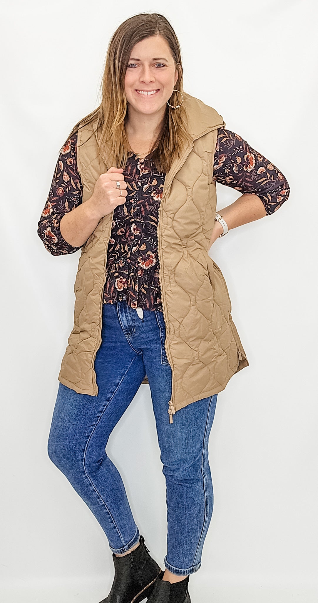 Keren Hart Quilted, Long Zippered Vest - Variety