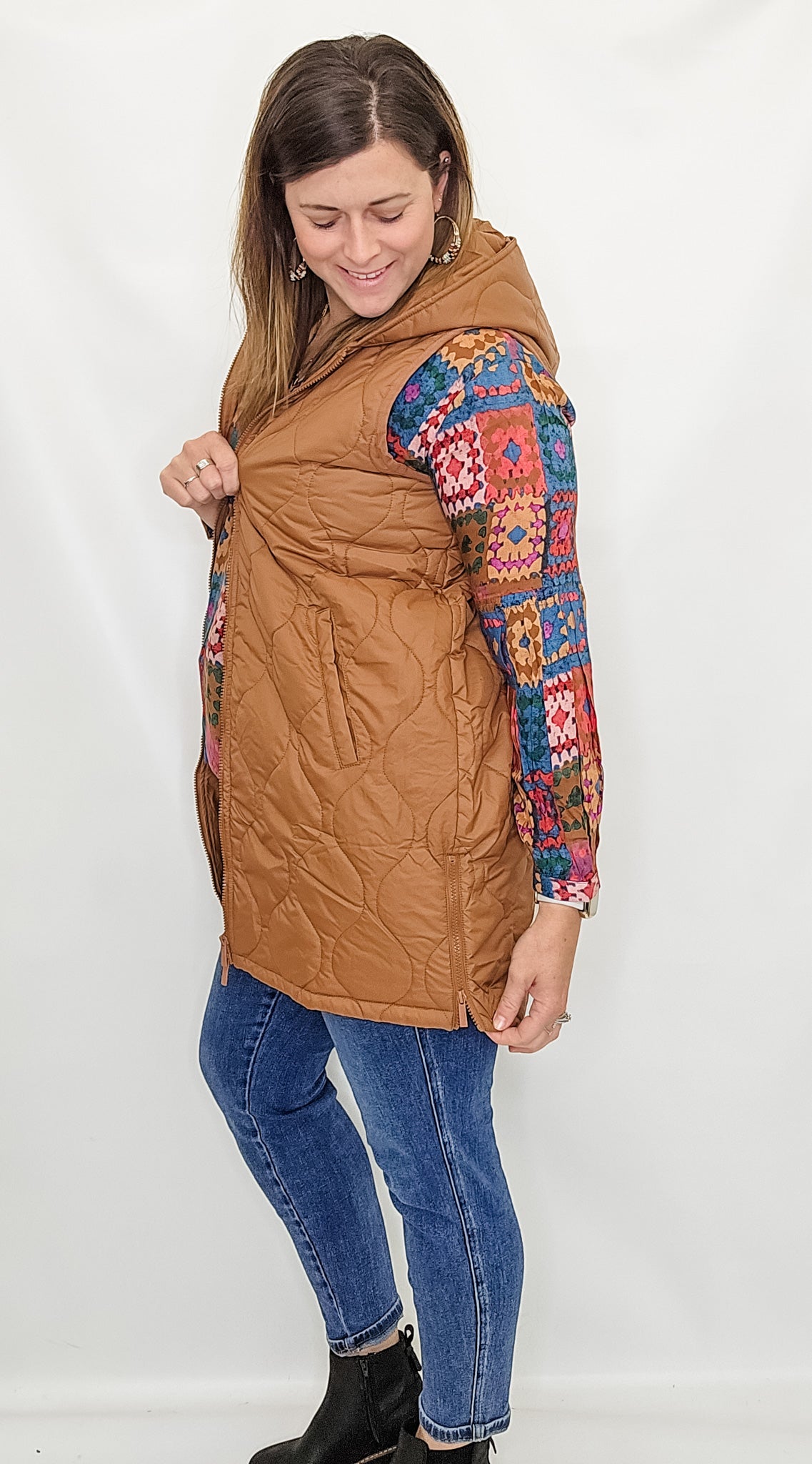 Keren Hart Quilted, Long Zippered Vest - Variety