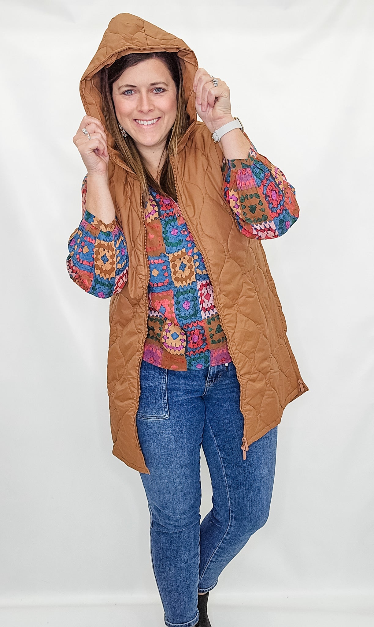 Keren Hart Quilted, Long Zippered Vest - Variety