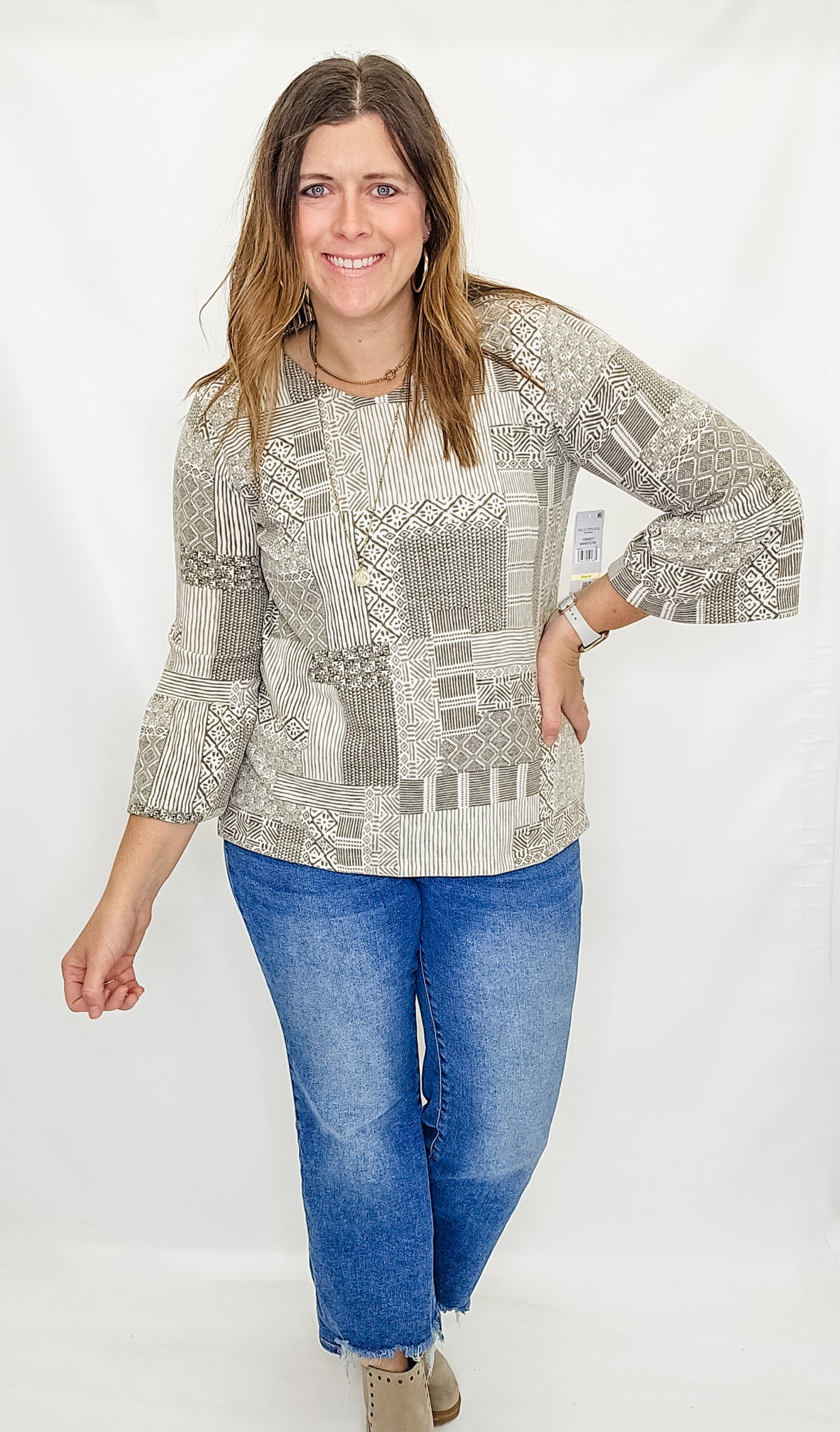 Multiples Olive, Brown & Cream Print Top