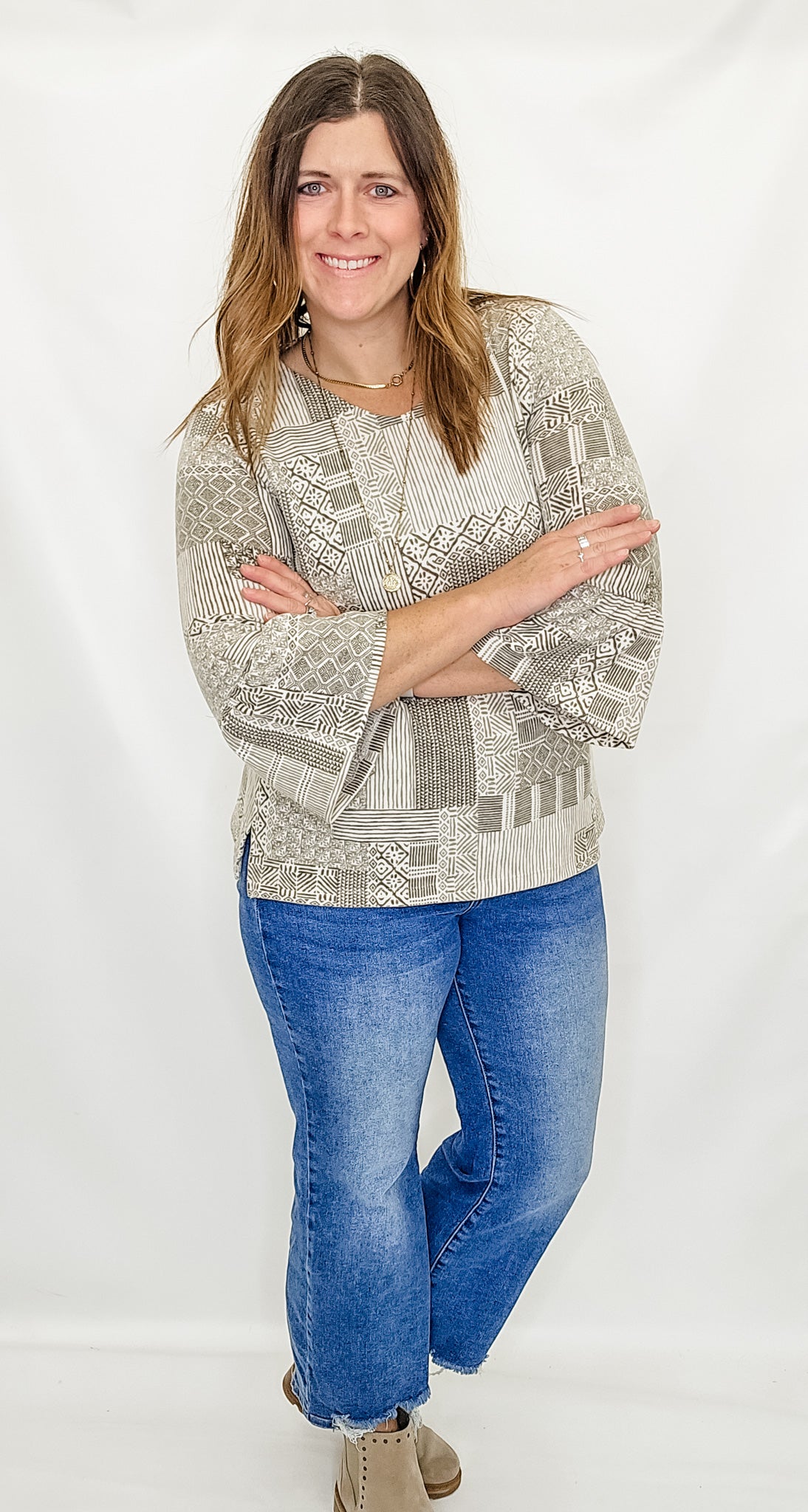 Multiples Olive, Brown & Cream Print Top