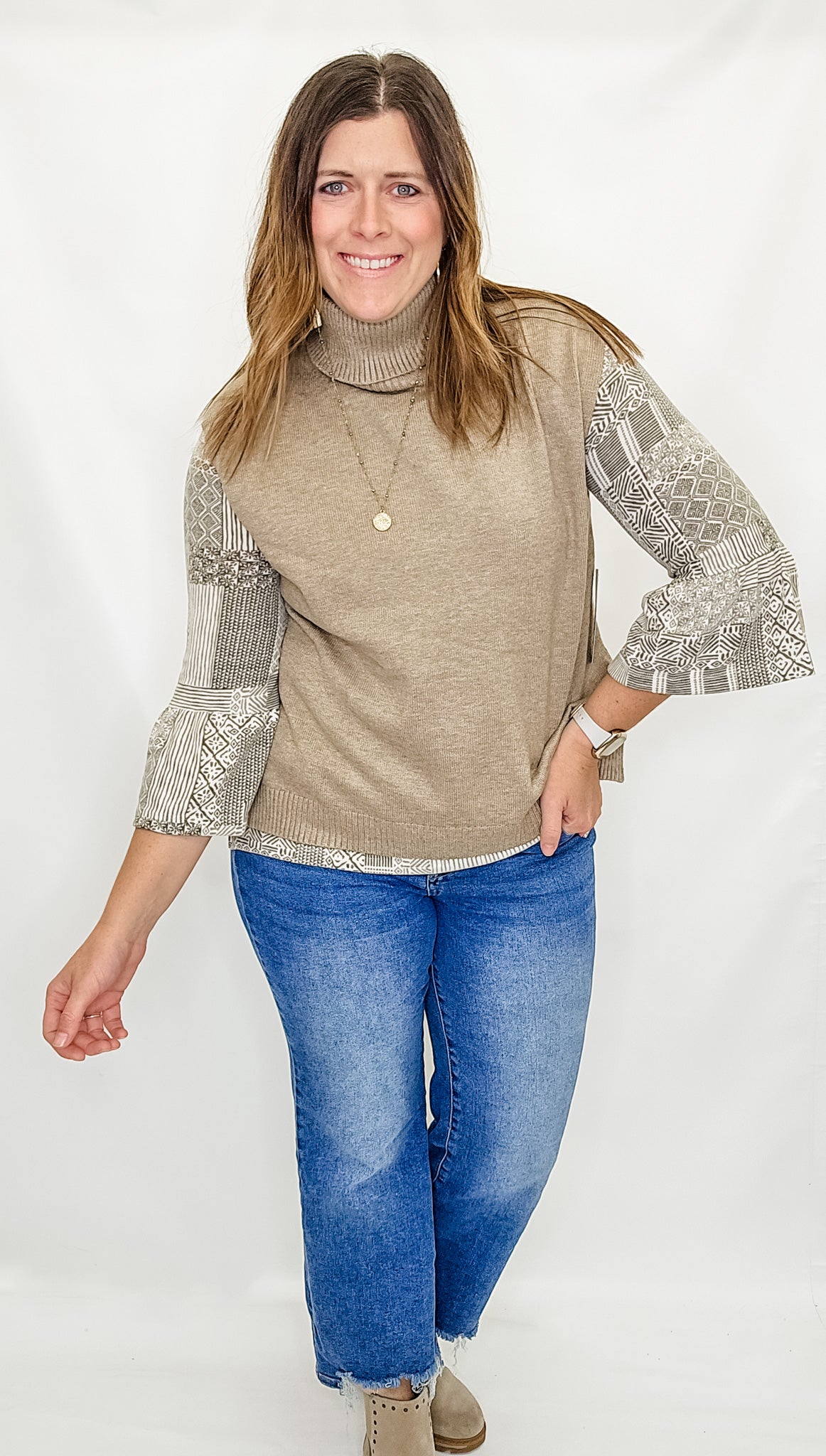 Multiples Olive, Brown & Cream Print Top