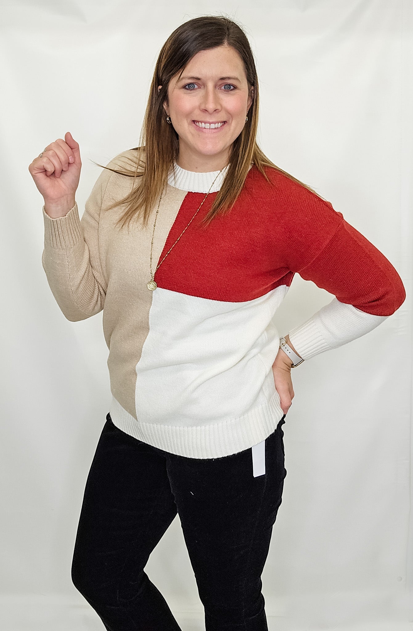 Dark Red & Cream Color Block Sweater