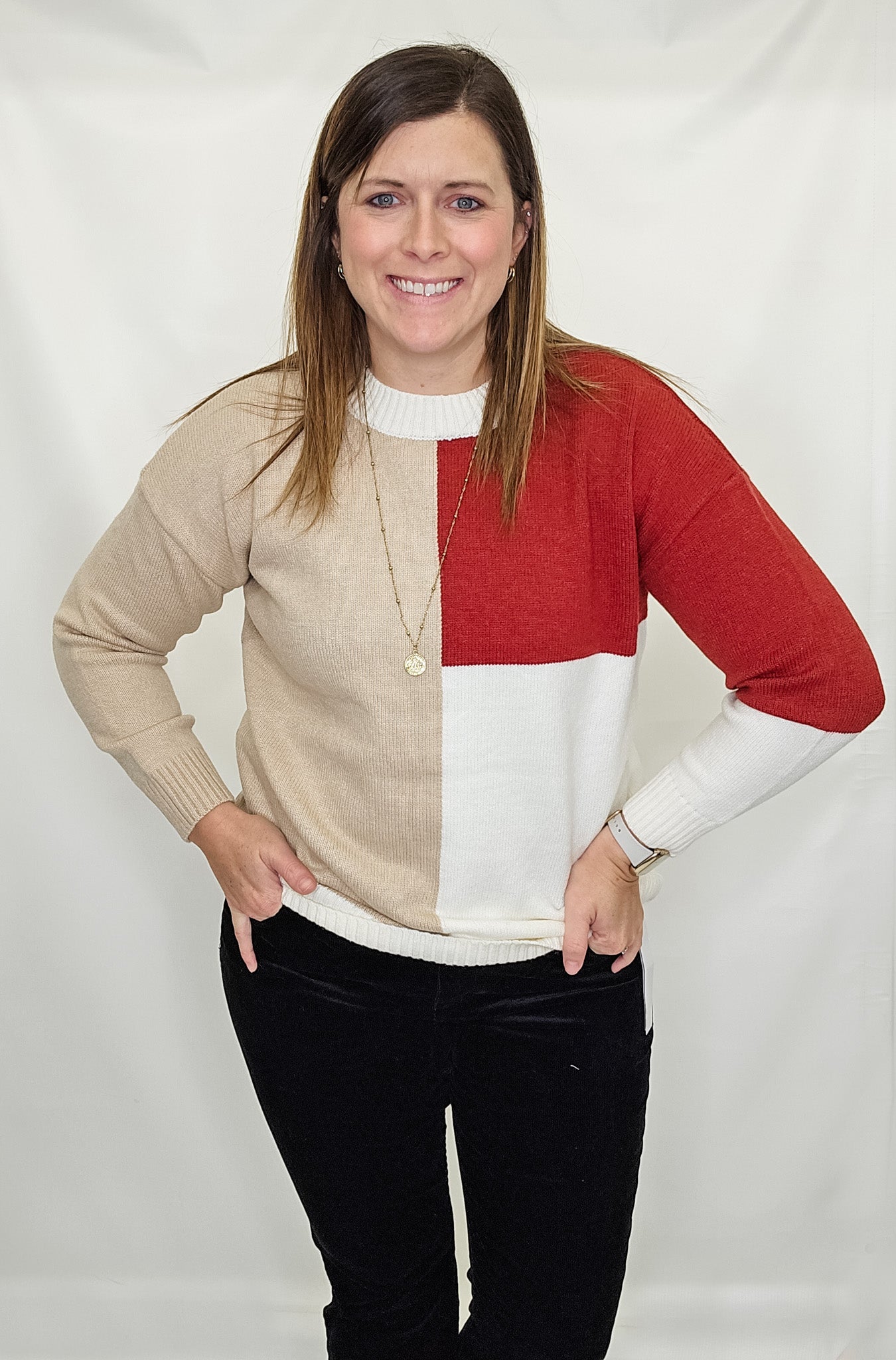 Dark Red & Cream Color Block Sweater