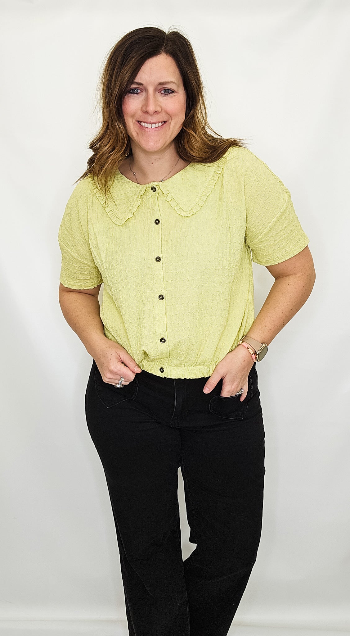 Peter Pan Collar Textured Knit Button Top - Variety