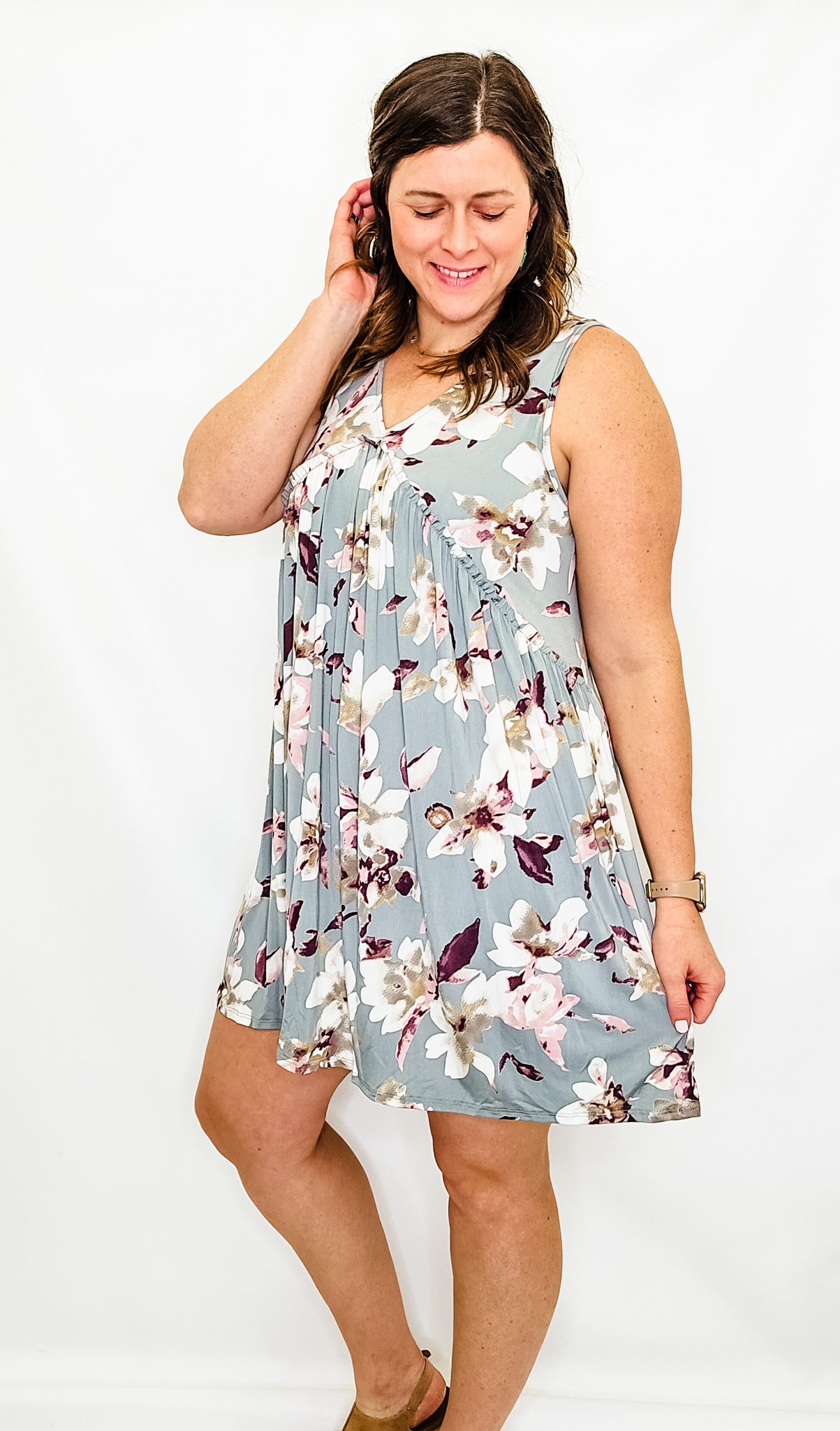 Gray Floral Sleeveless Dress - Extended Sizes