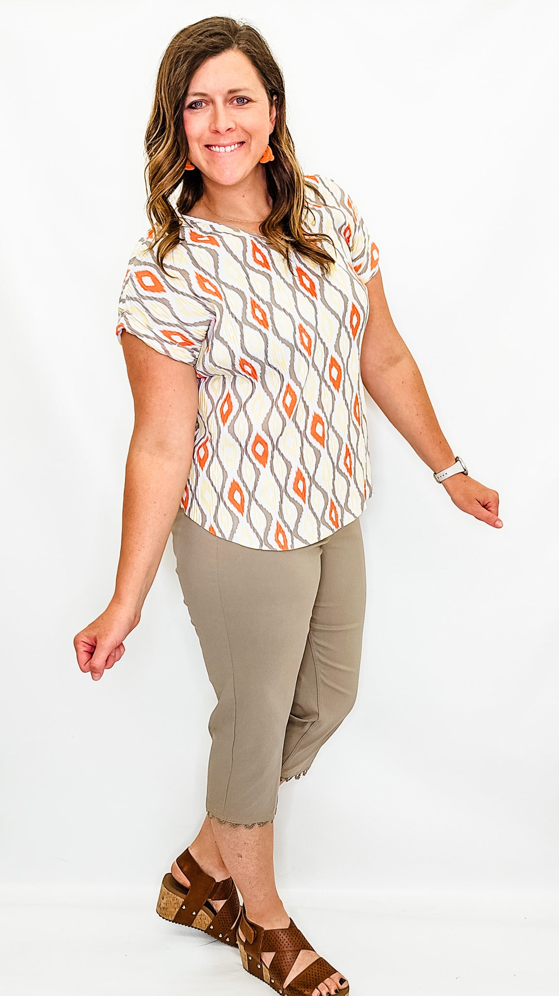 Multiples Yellow, Orange & Stone Cuffed Short Sleeve Top