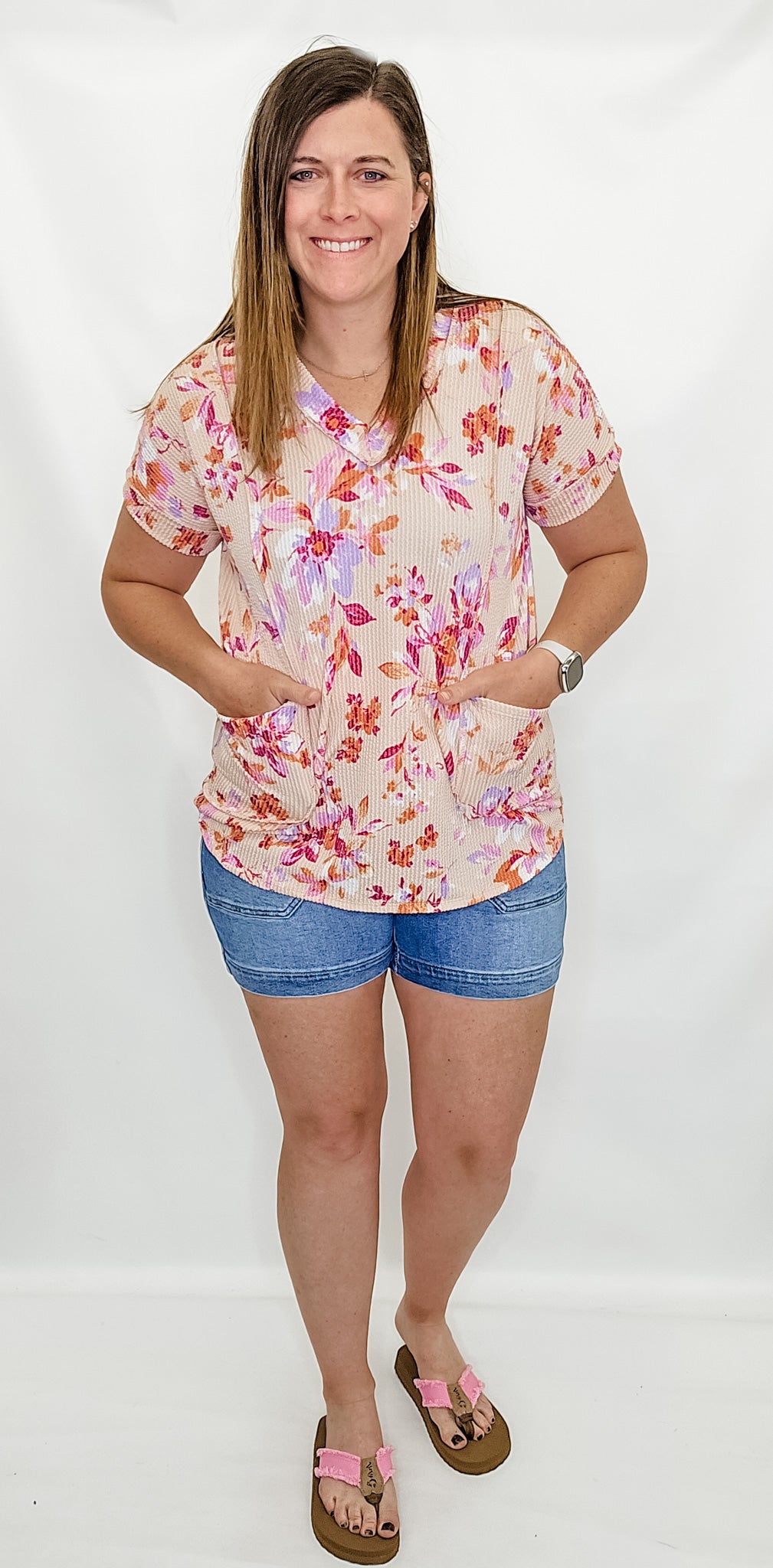Peach Floral V-Neck Top with Side Pockets