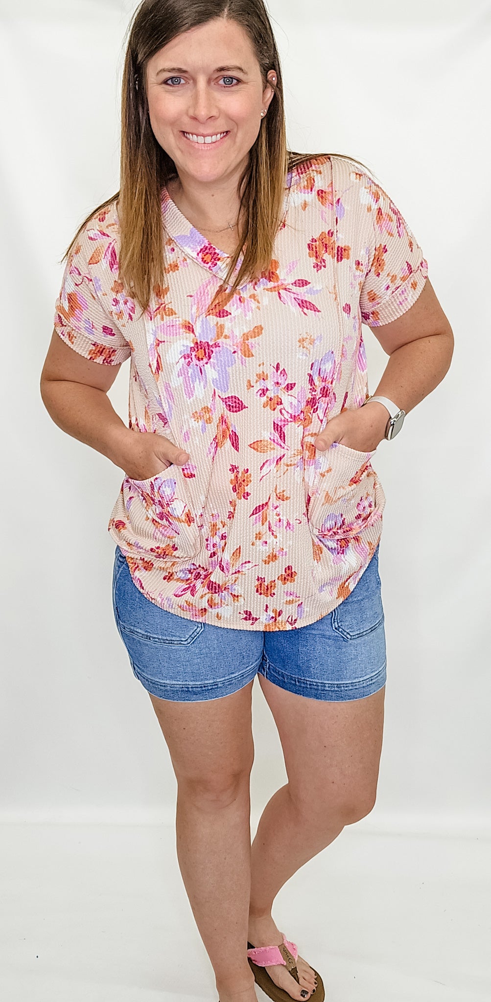 Peach Floral V-Neck Top with Side Pockets