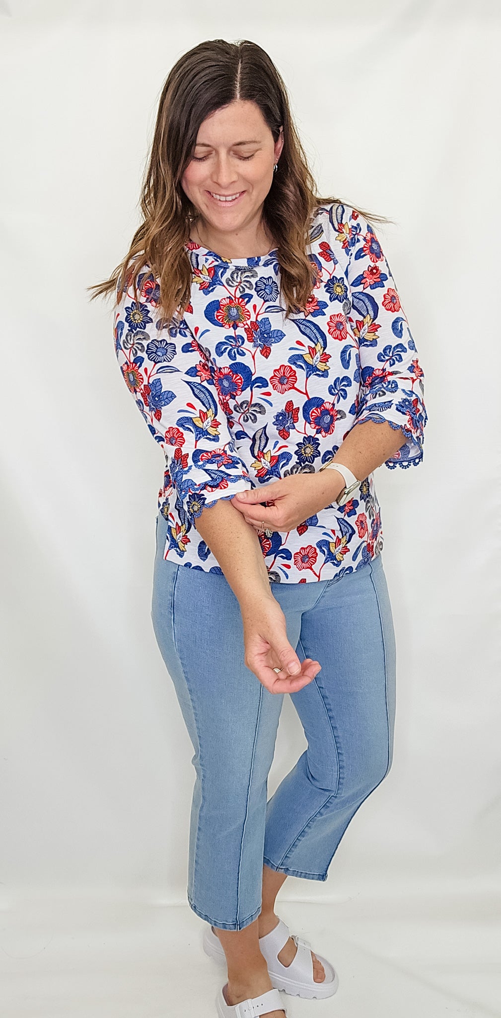 Multiples Red & Blue Lace 3/4 Sleeve Top