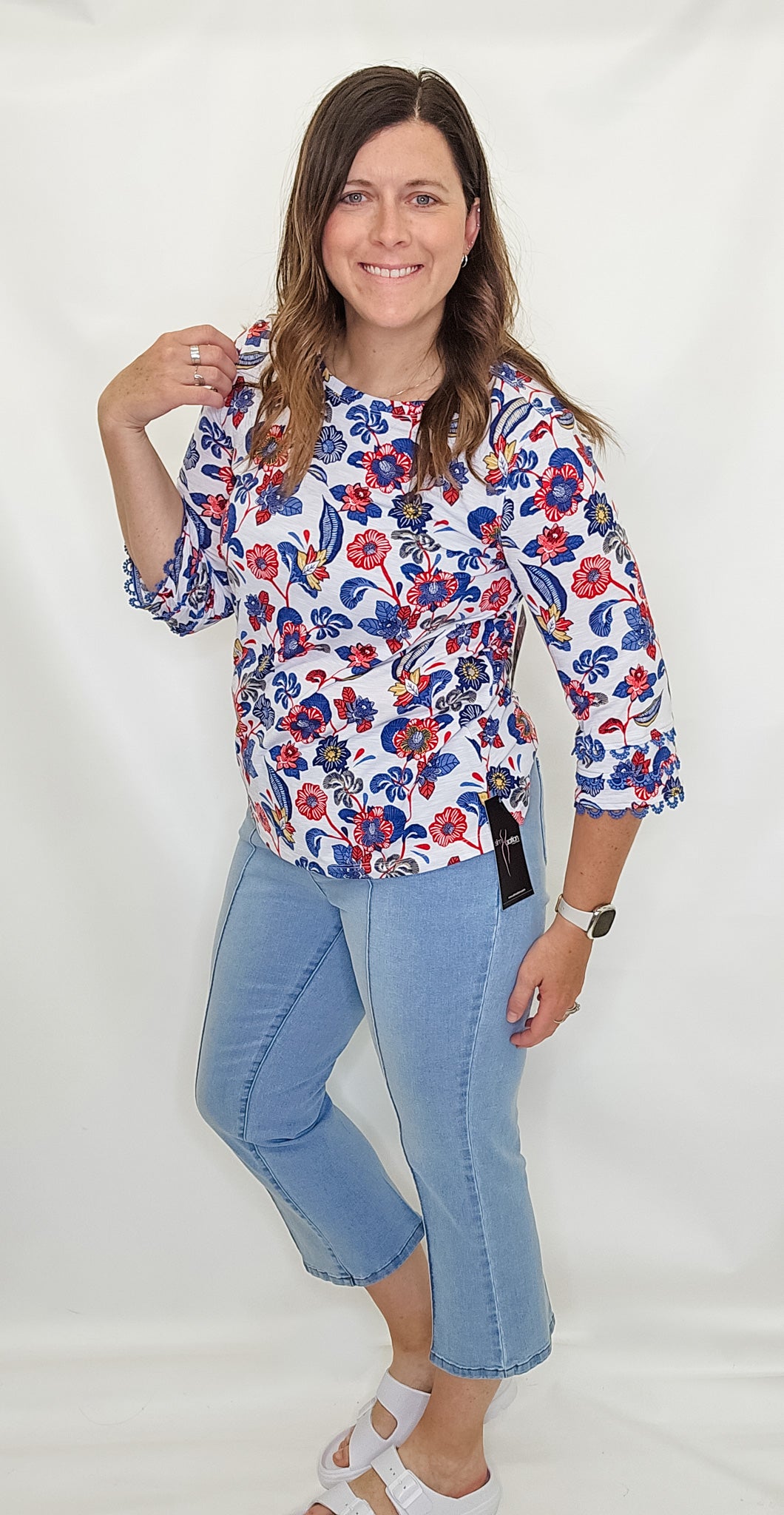Multiples Red & Blue Lace 3/4 Sleeve Top