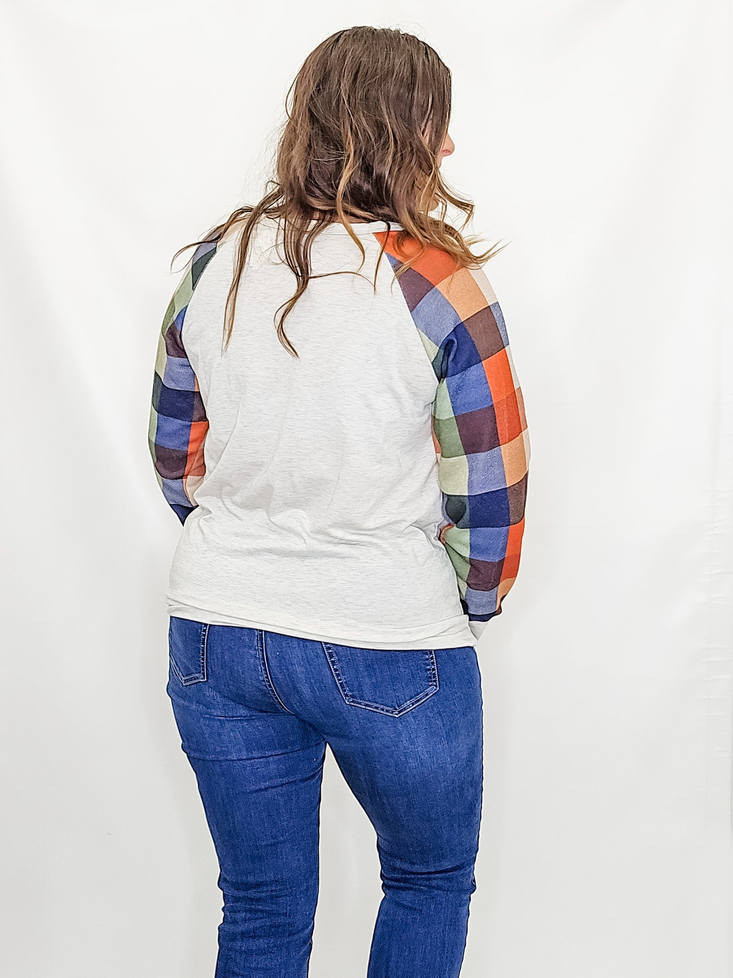 Orange Plaid and Khaki Long Sleeve Top - Ext Sizes