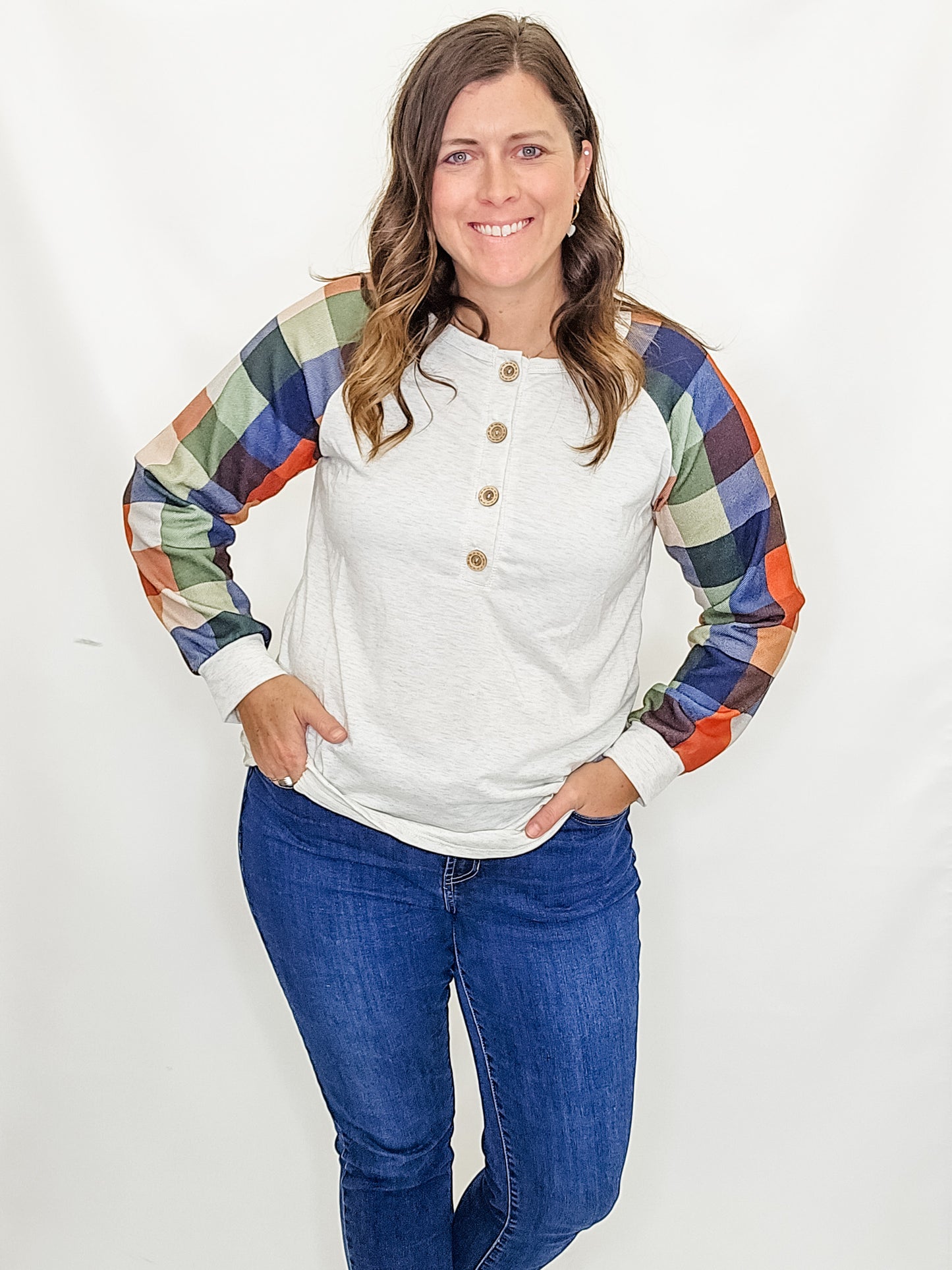 Orange Plaid and Khaki Long Sleeve Top - Ext Sizes