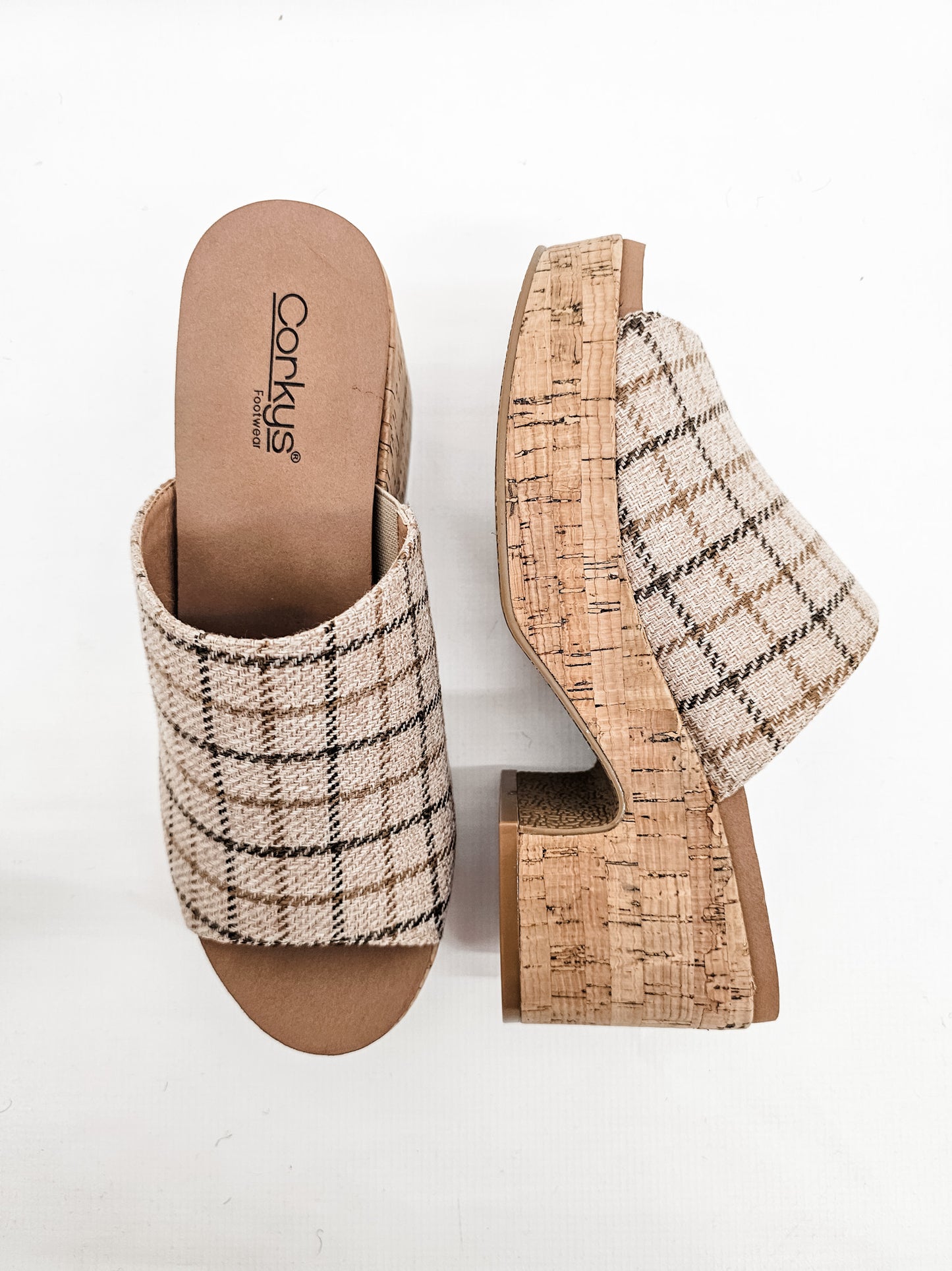 Corkys Totally Buggin Camel Plaid Blocked Heels