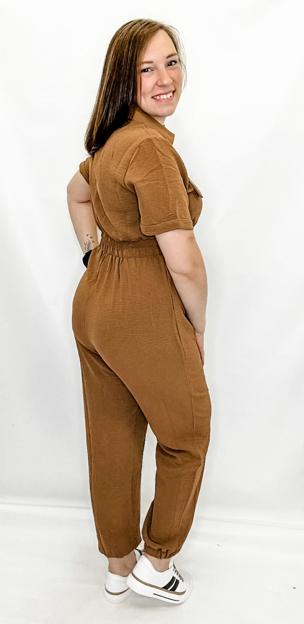 Caramel Brown, Short Sleeve Jumpsuit