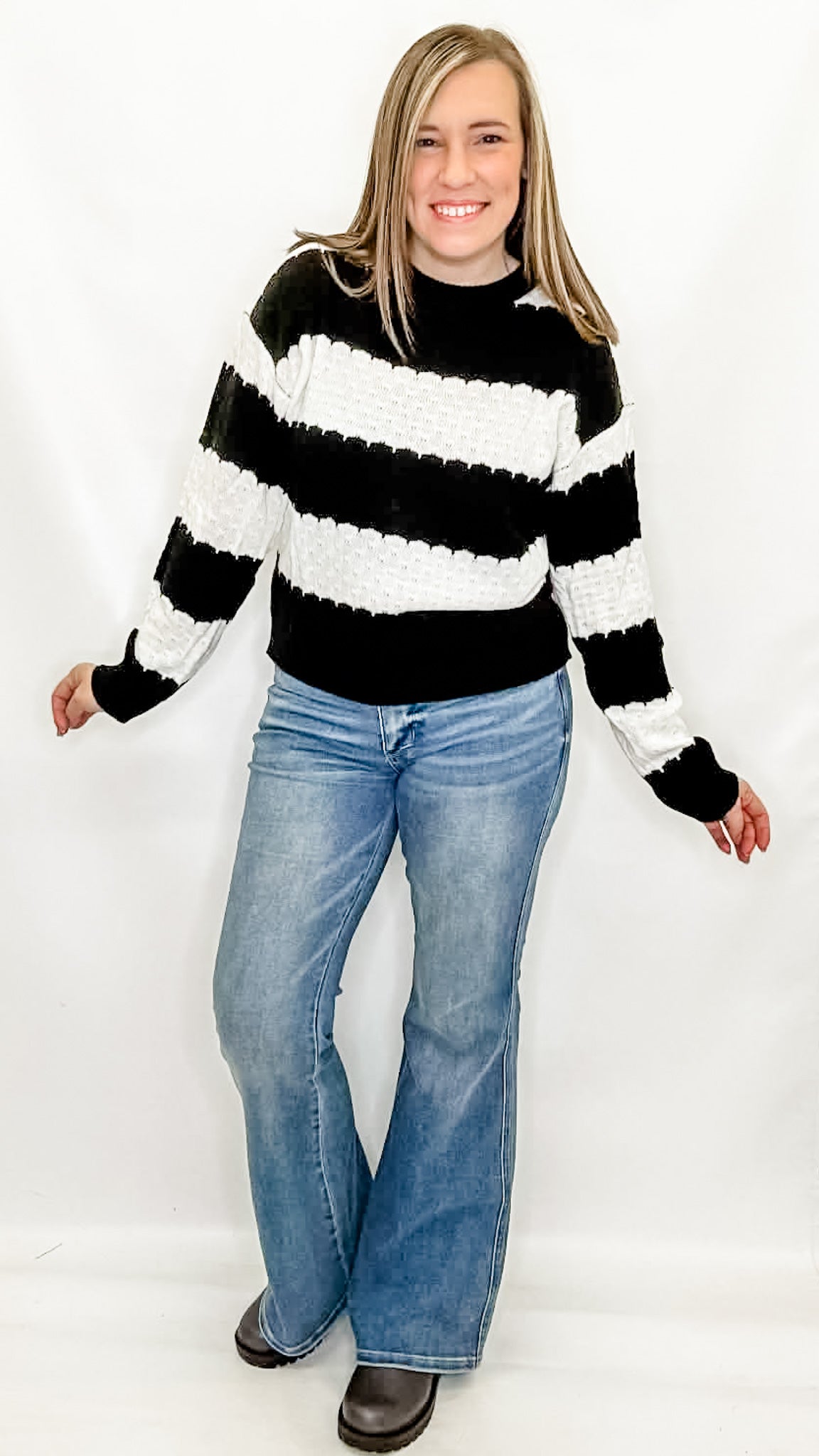 Black & White Scalloped Striped Knit Sweater