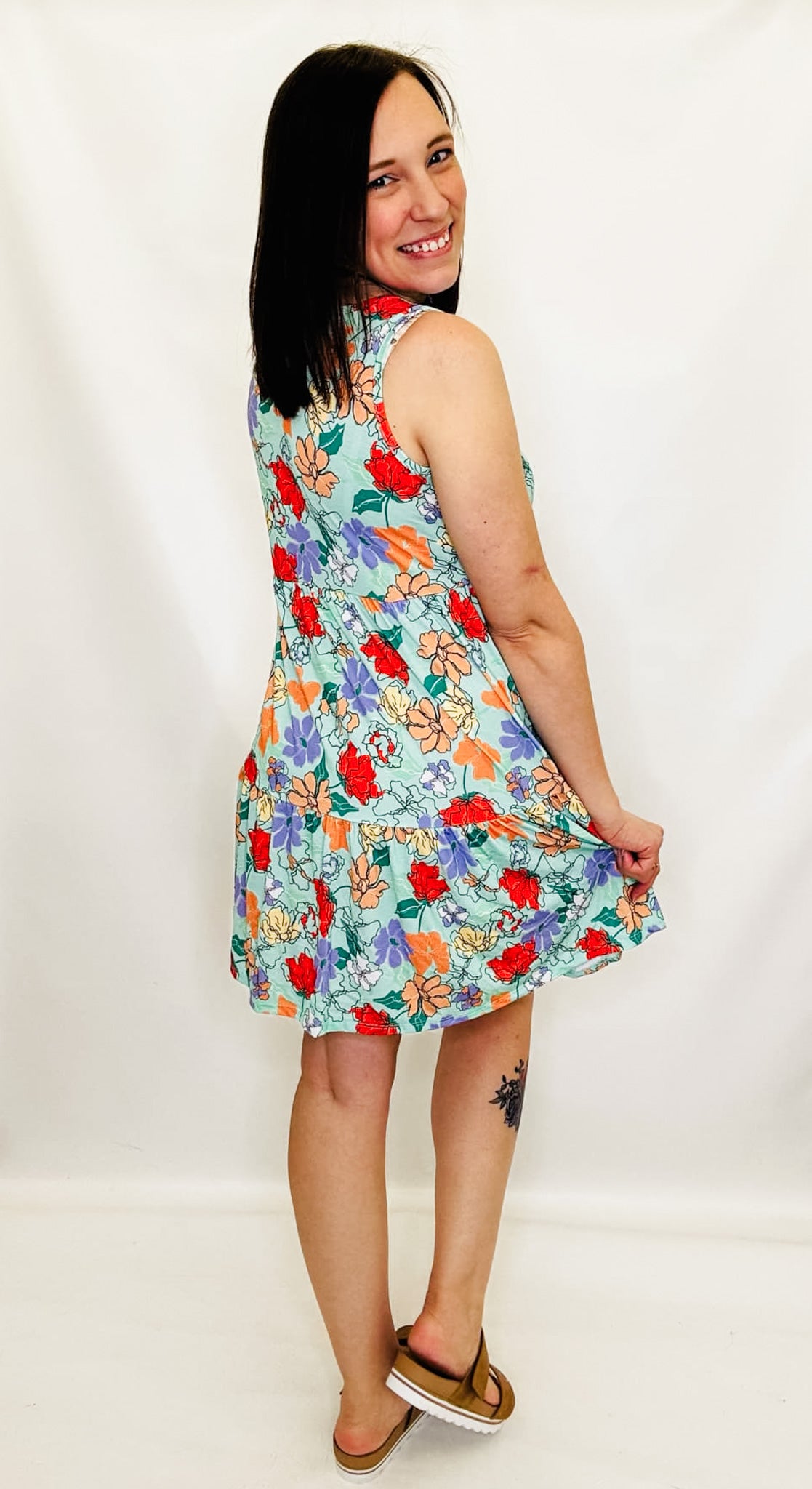 Mint Floral Short Knee-Length Dress