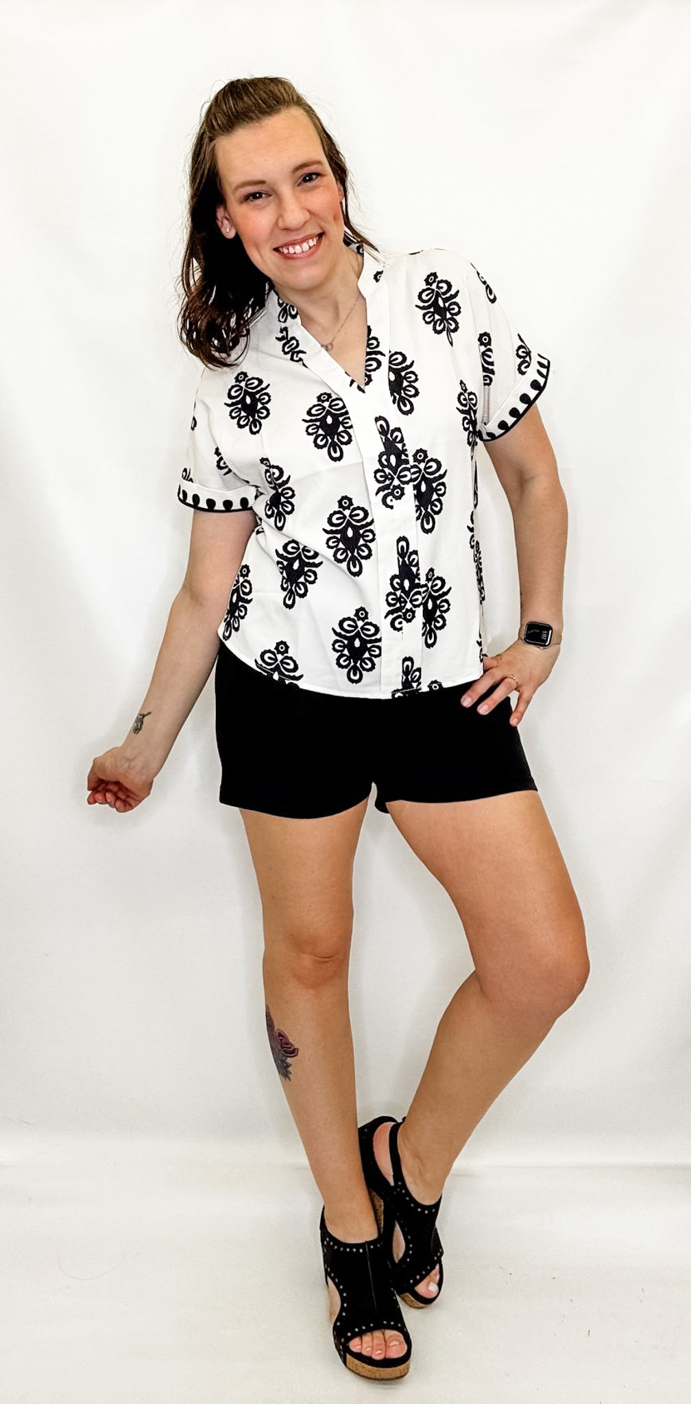 Cream & Black Geometric Print Blouse
