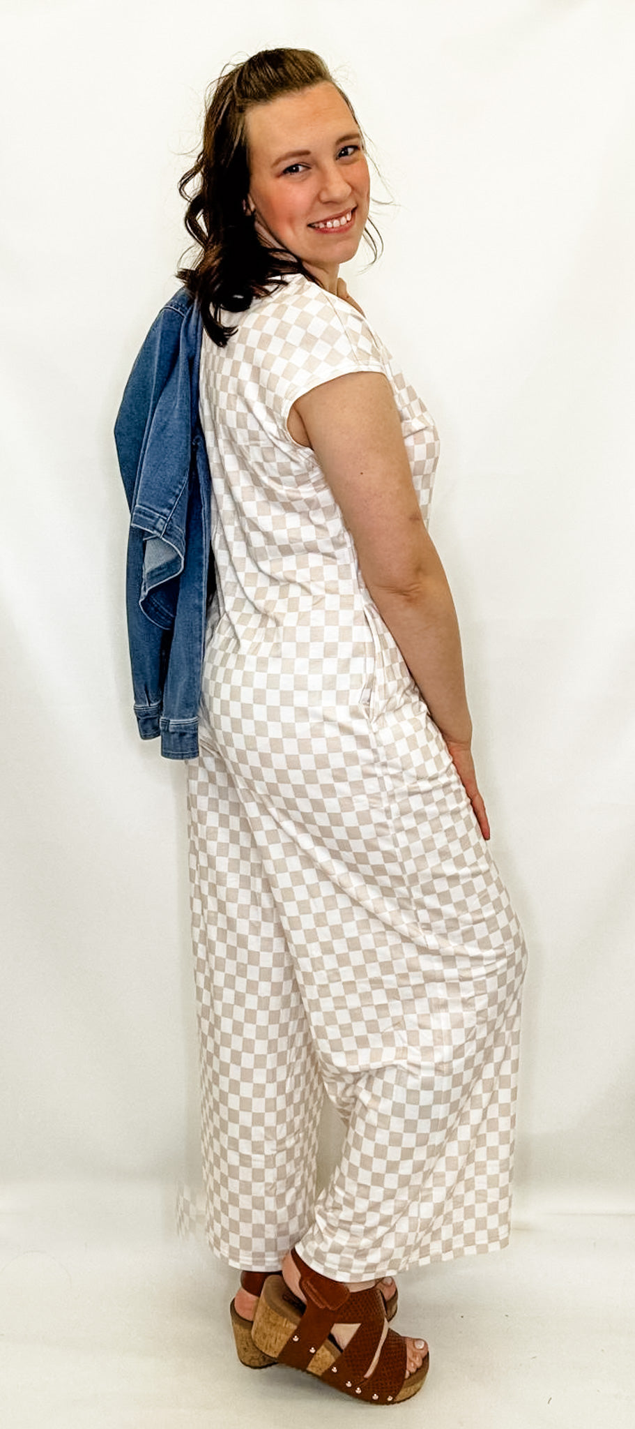 Tan & White Checkered Jumpsuit