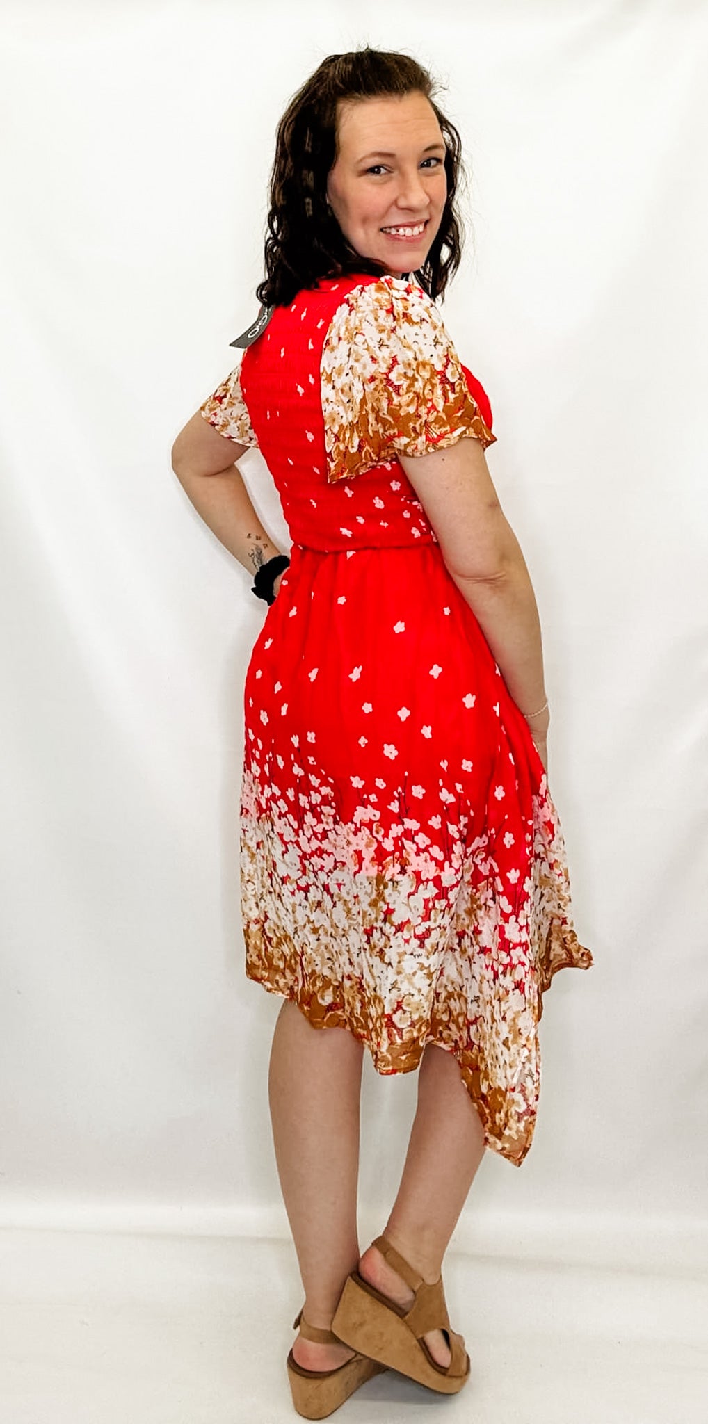 Coral Floral Print Smocked Dress with Lining