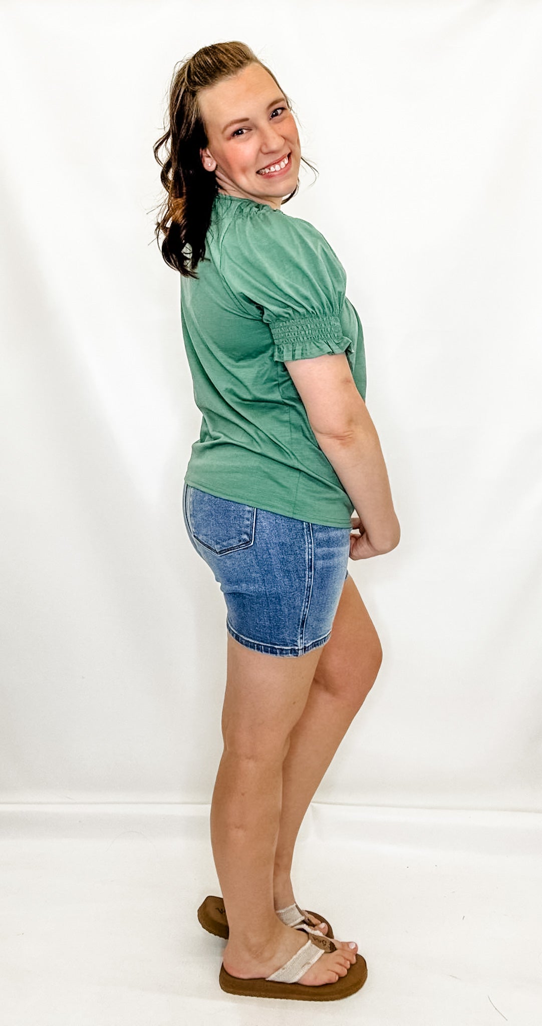 Green Square Neckline Smocked Top