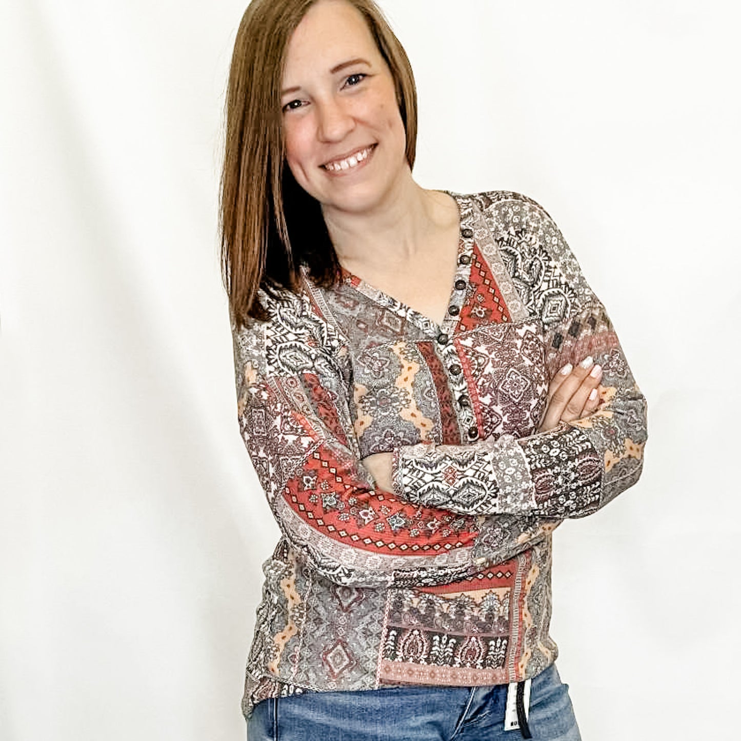 Rust Printed V-Neck Long Sleeve