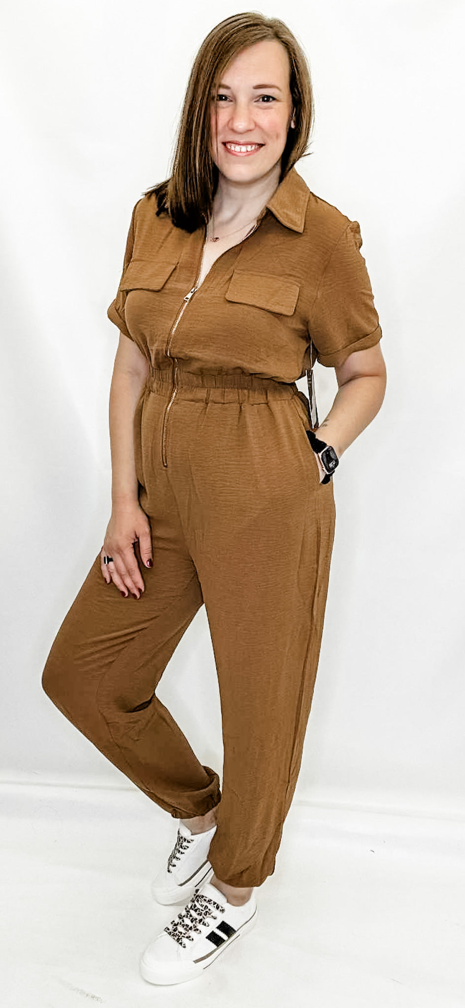 Caramel Brown, Short Sleeve Jumpsuit