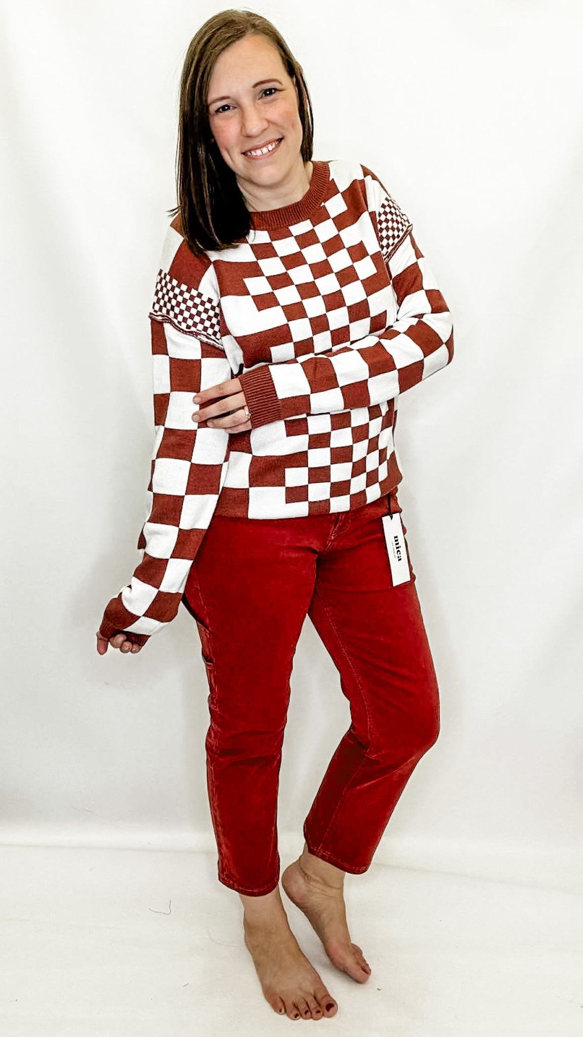 Brick Red Checkered Cozy Sweater