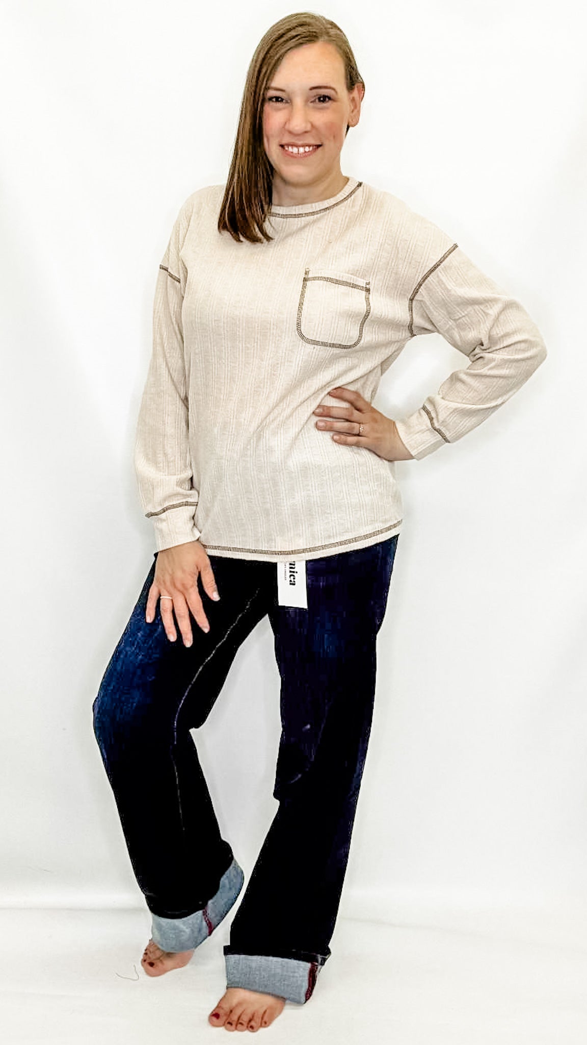 Cream & Brown Stitched Pocket Long Sleeve