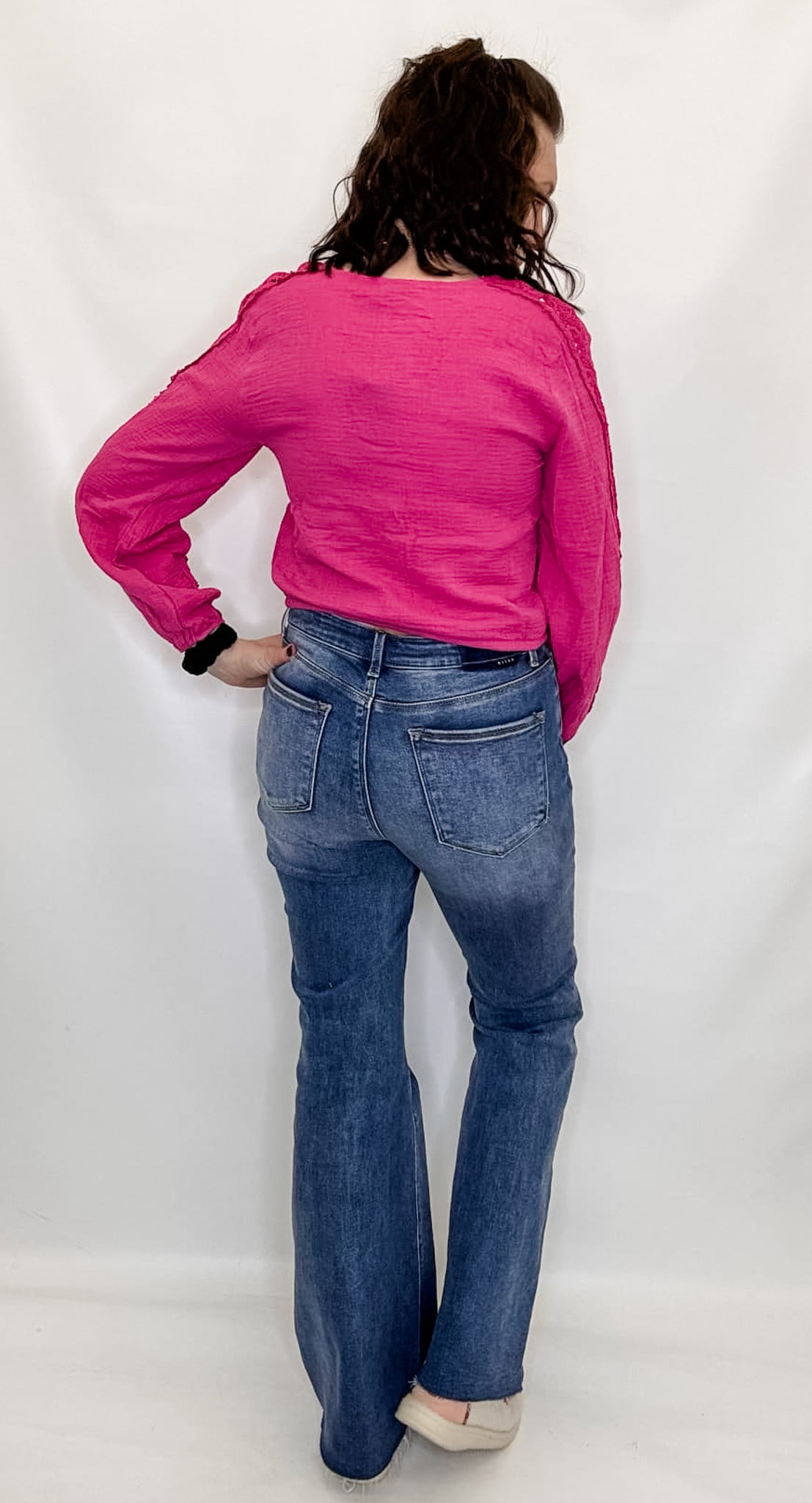 Fuchsia Solid Textured Lace Sleeve Top