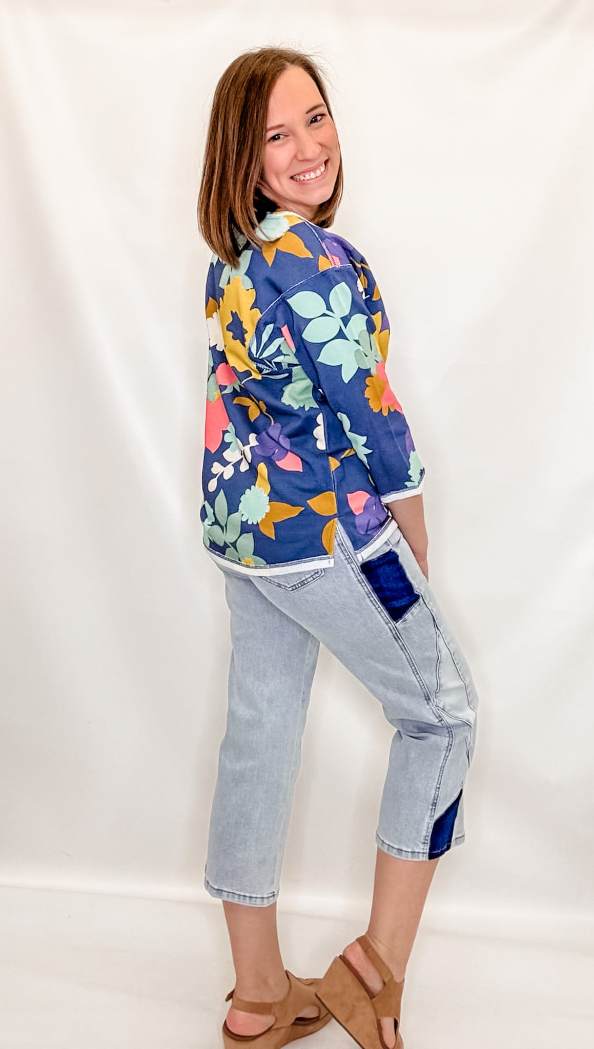 True Luxe Notched Neck Floral Print Top