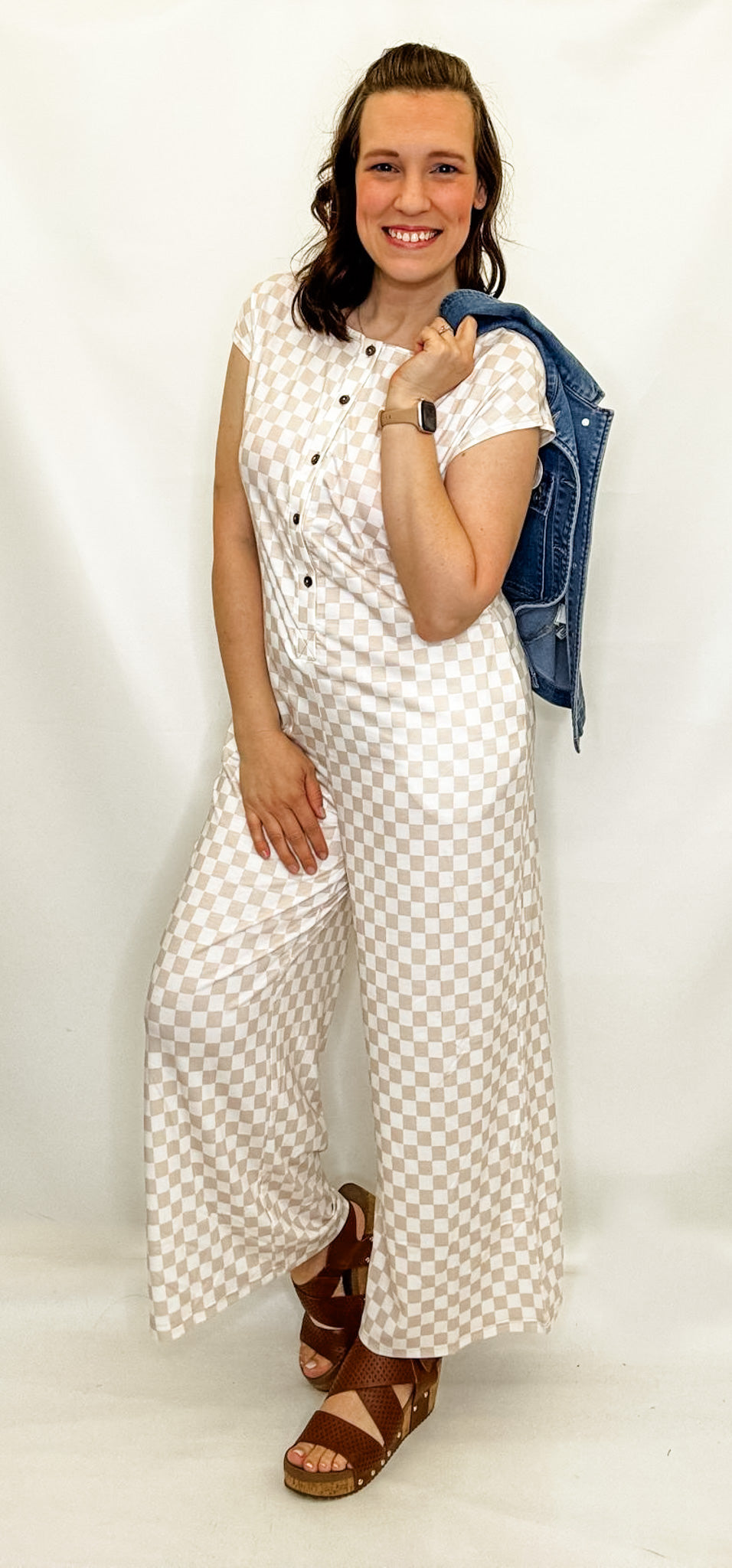 Tan & White Checkered Jumpsuit