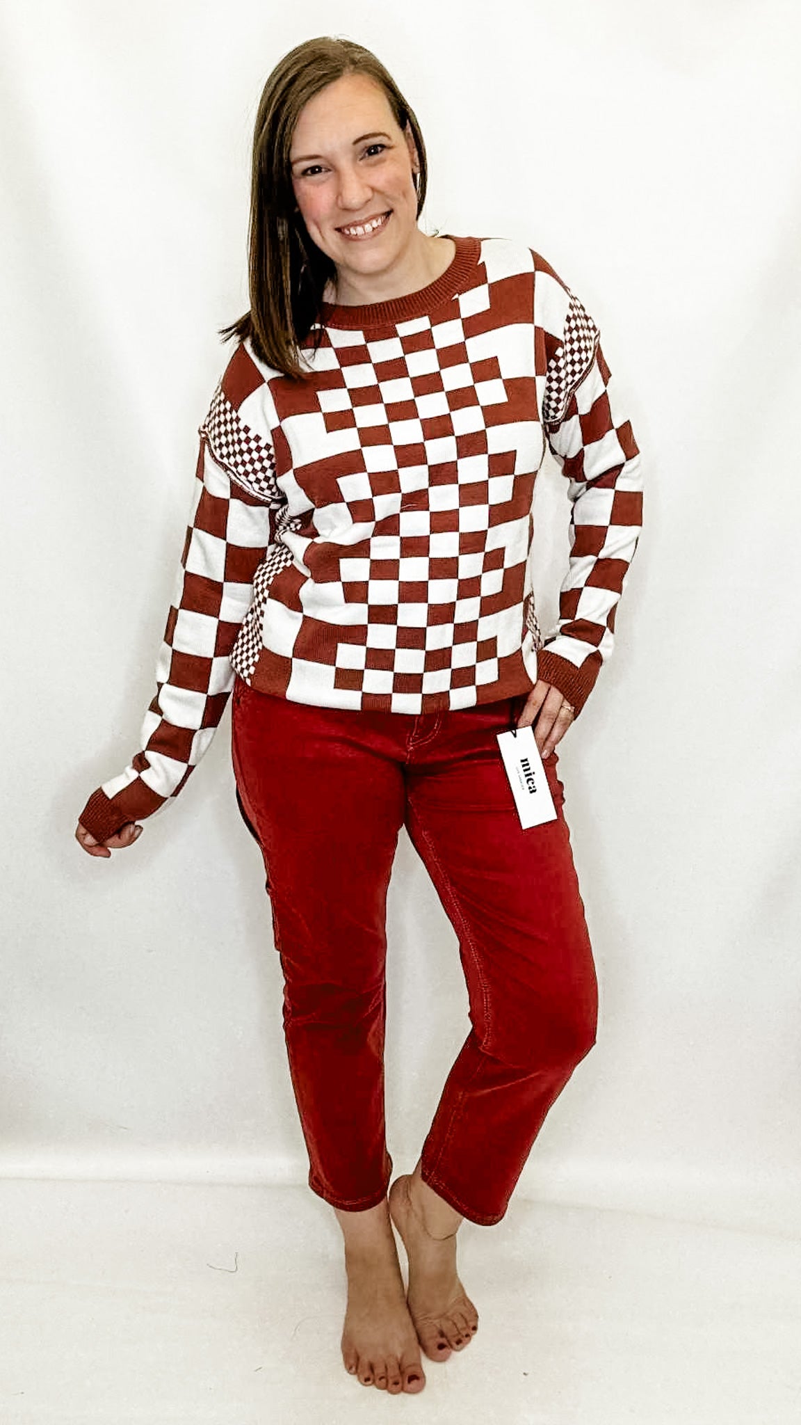 Brick Red Checkered Cozy Sweater