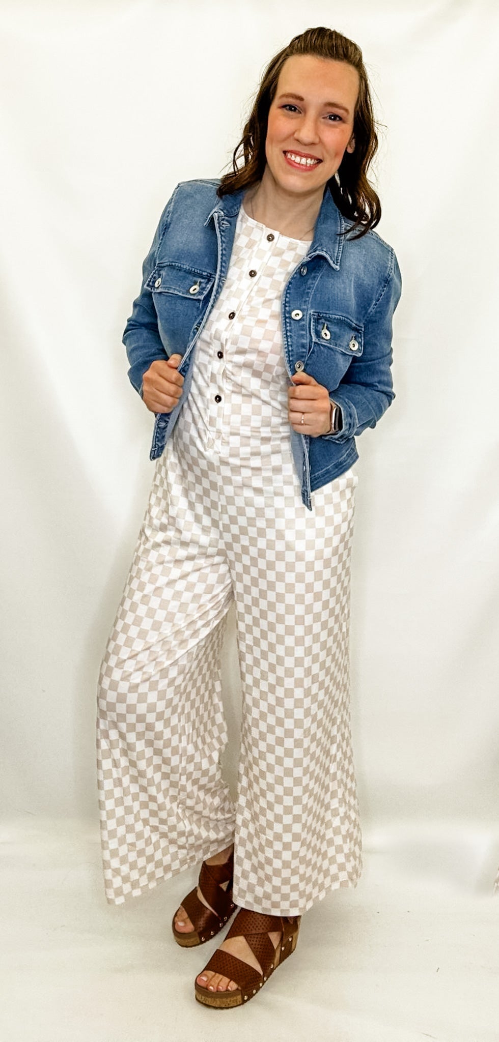 Tan & White Checkered Jumpsuit