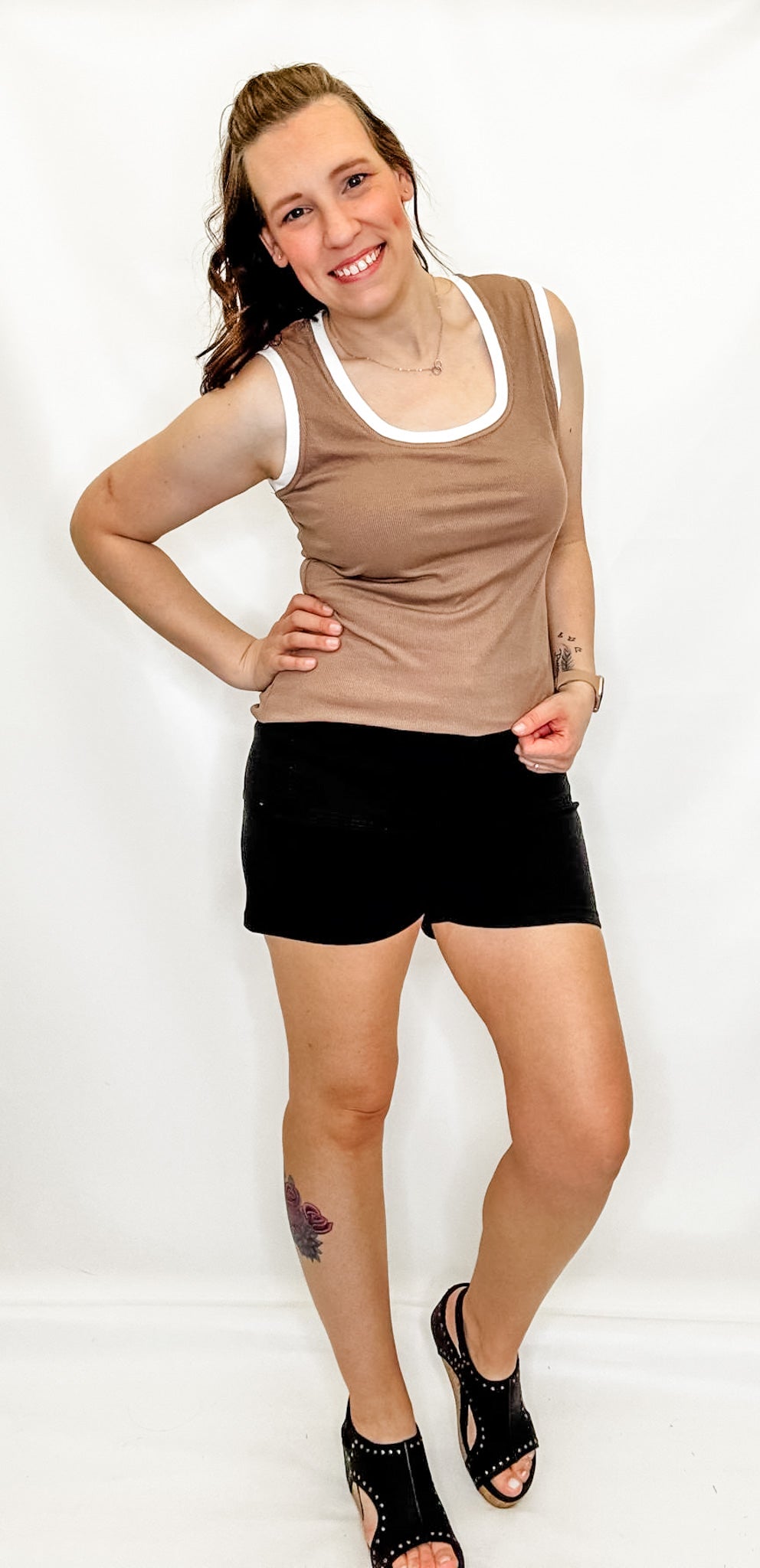 Brown & White Casual Ribbed Tank