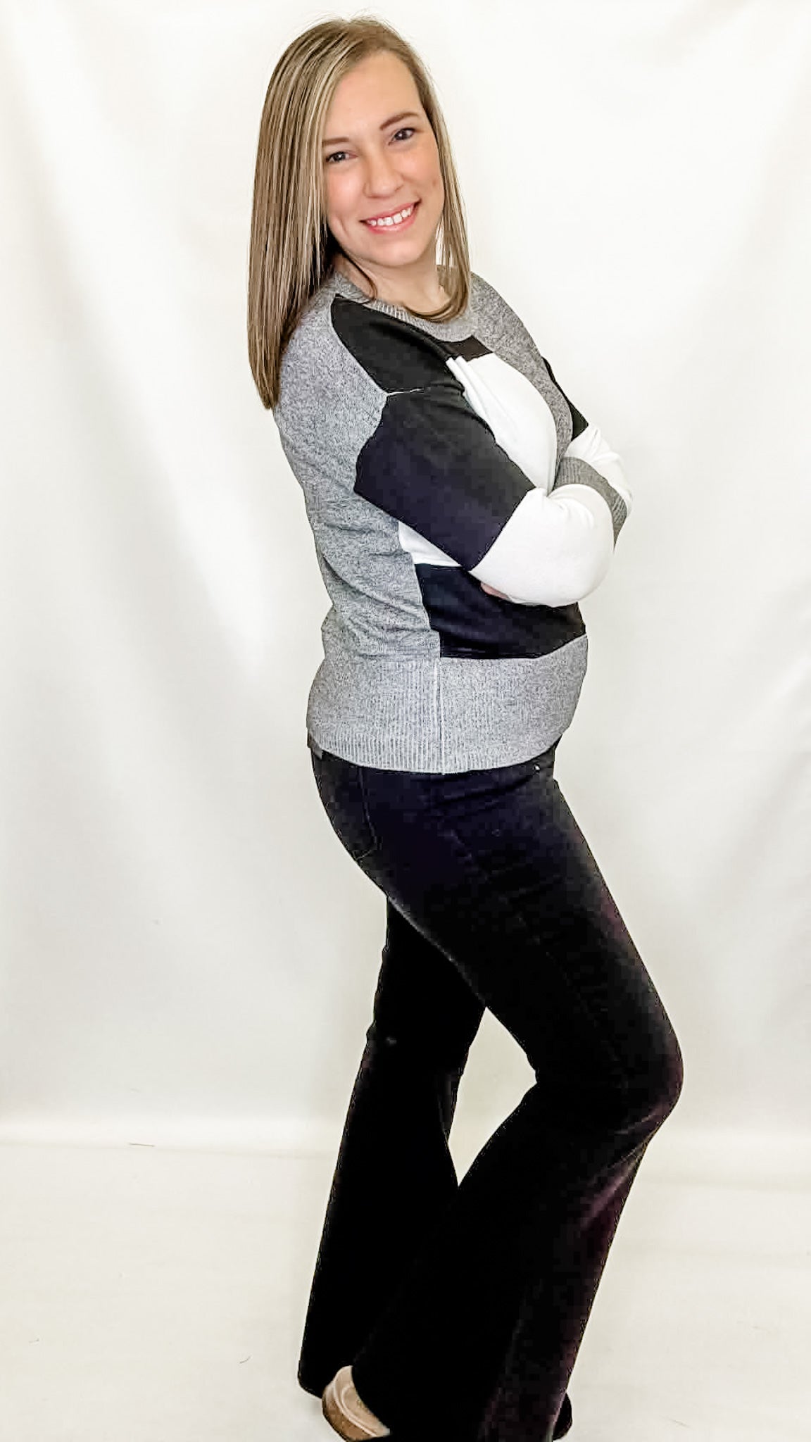 Black, White & Gray Color Block Fitted Sweater
