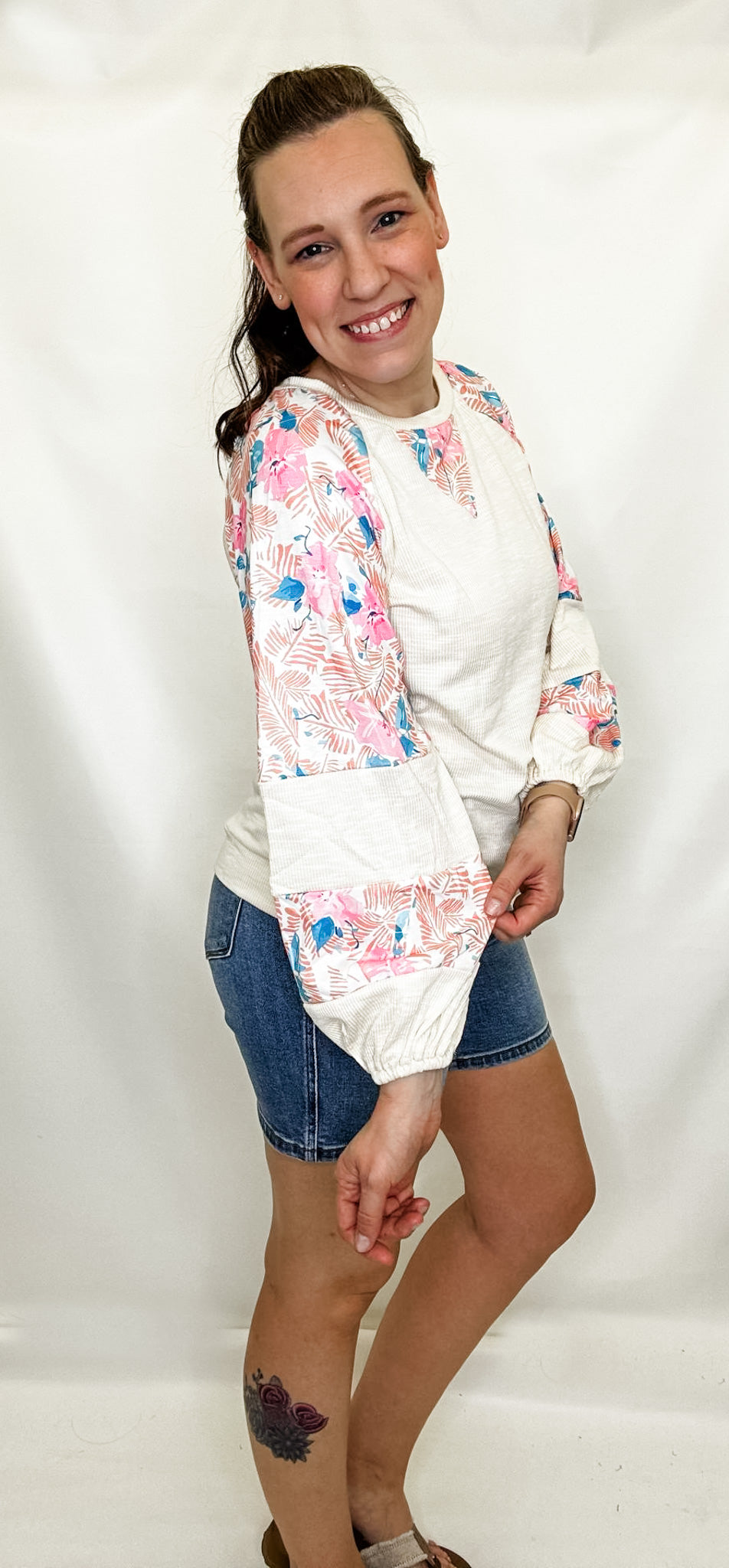 Cream & Floral Colorblock Long Sleeve