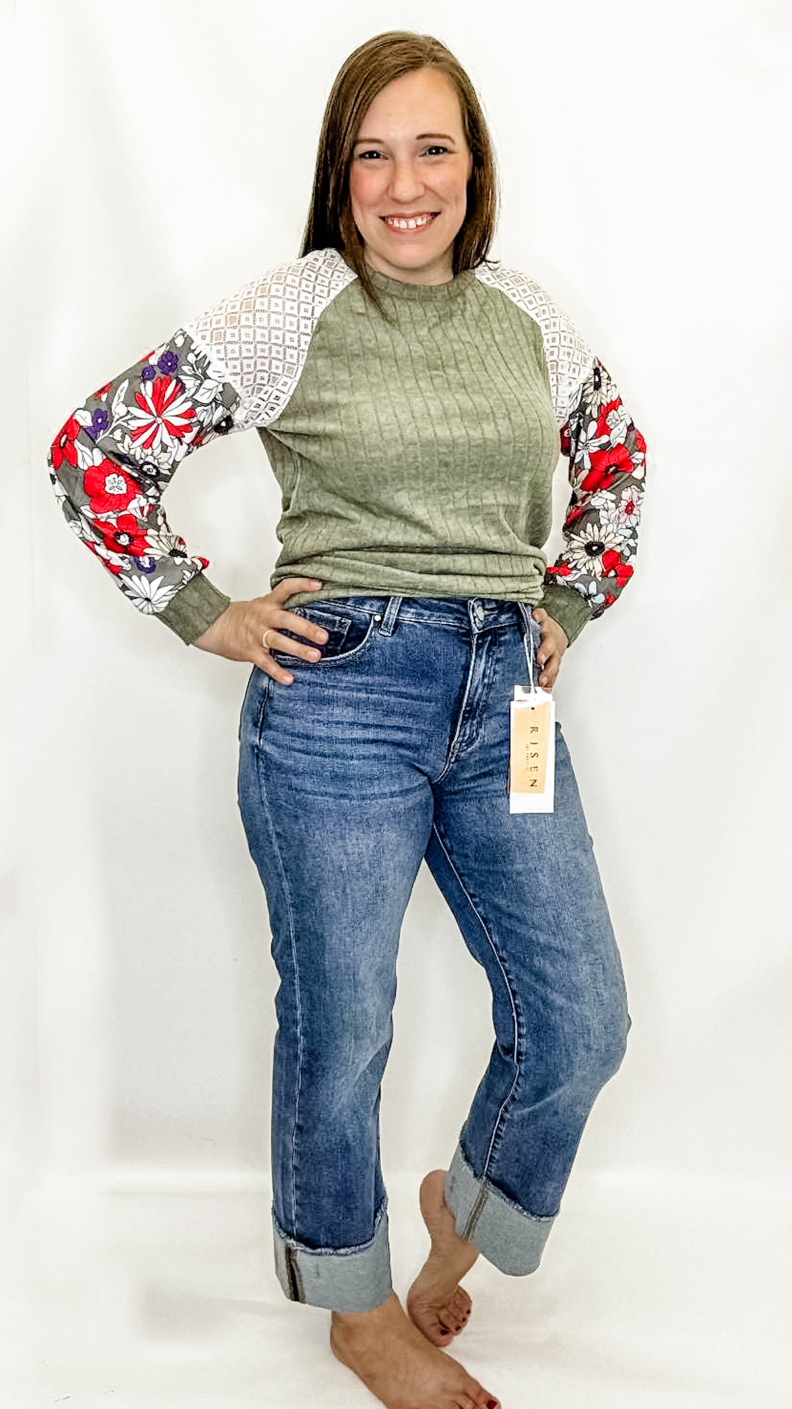 Olive & Floral Sleeve Ribbed Long Sleeve
