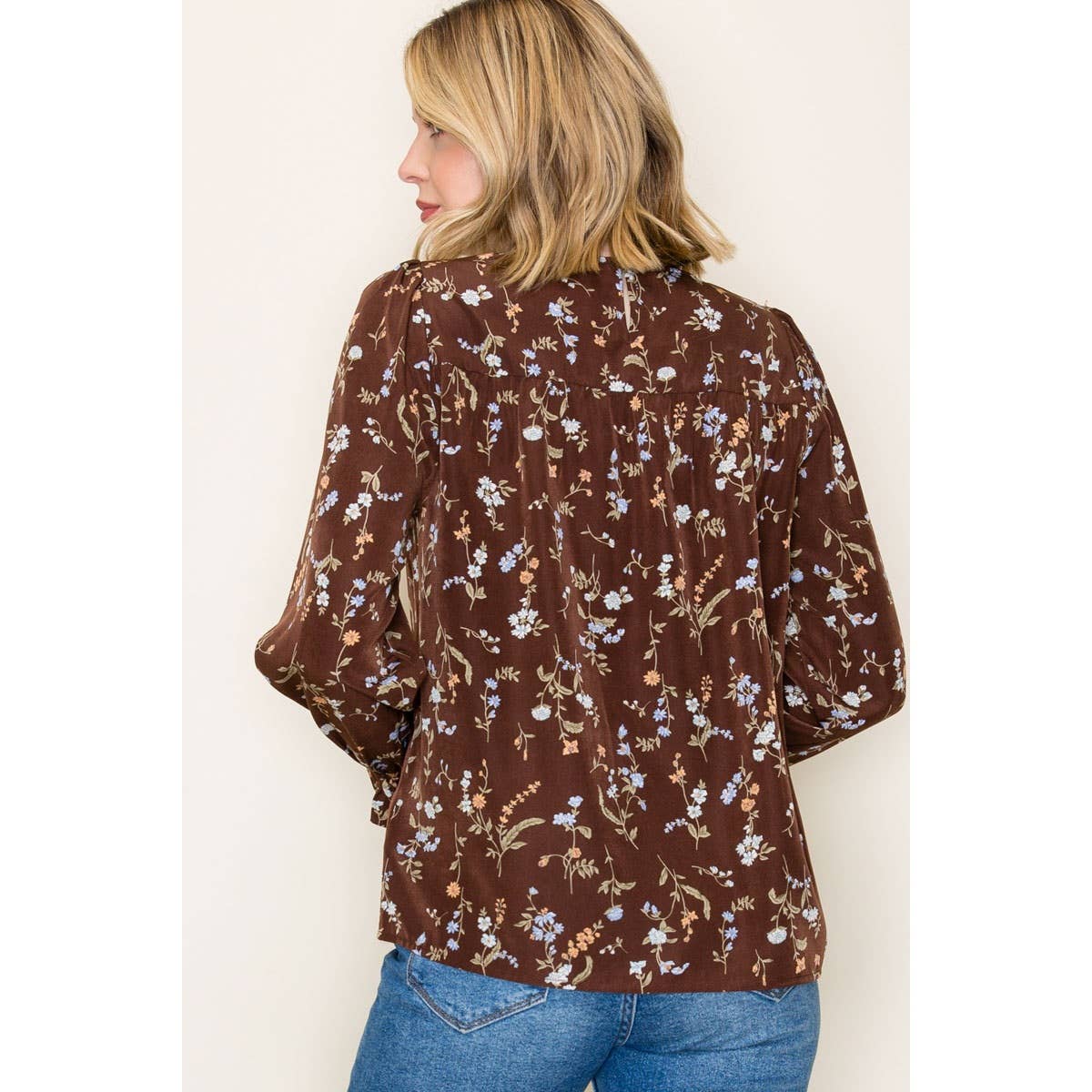 Brown Floral Ruffle Hem Top