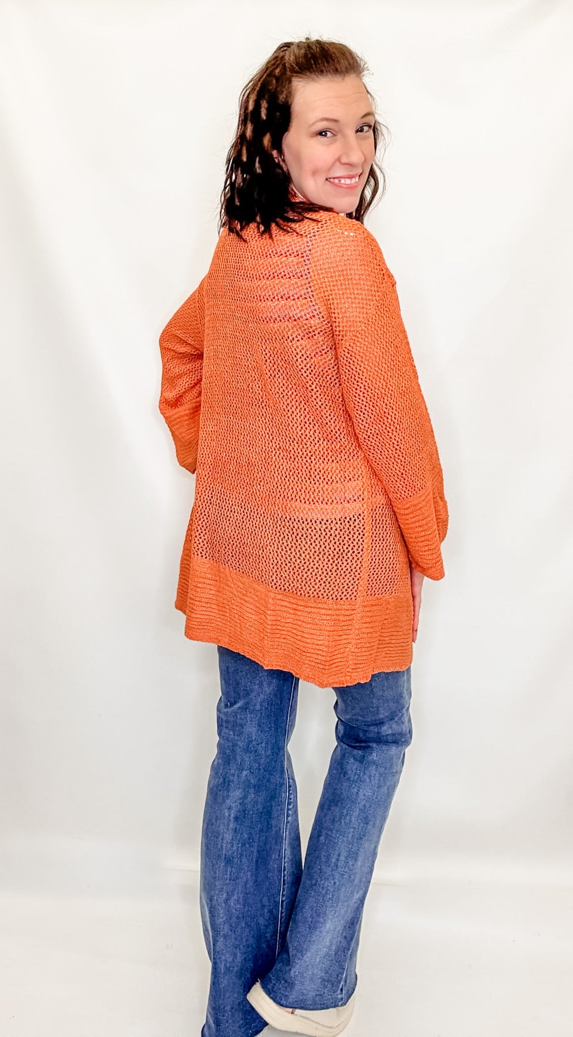Dusty Orange Mesh Open Front Cardigan