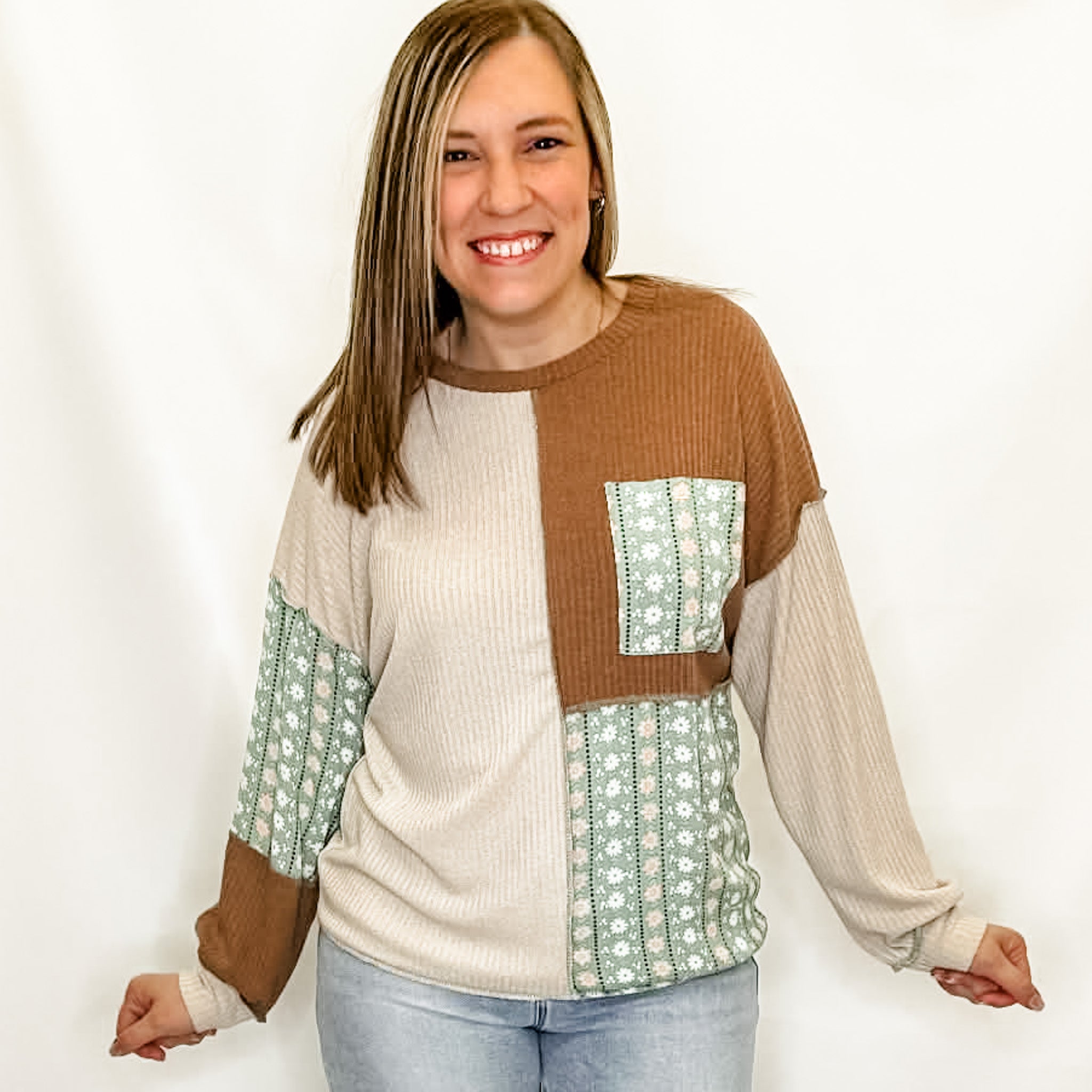 Beige & Sage Color Block Floral Patchwork Top – Italics Boutique