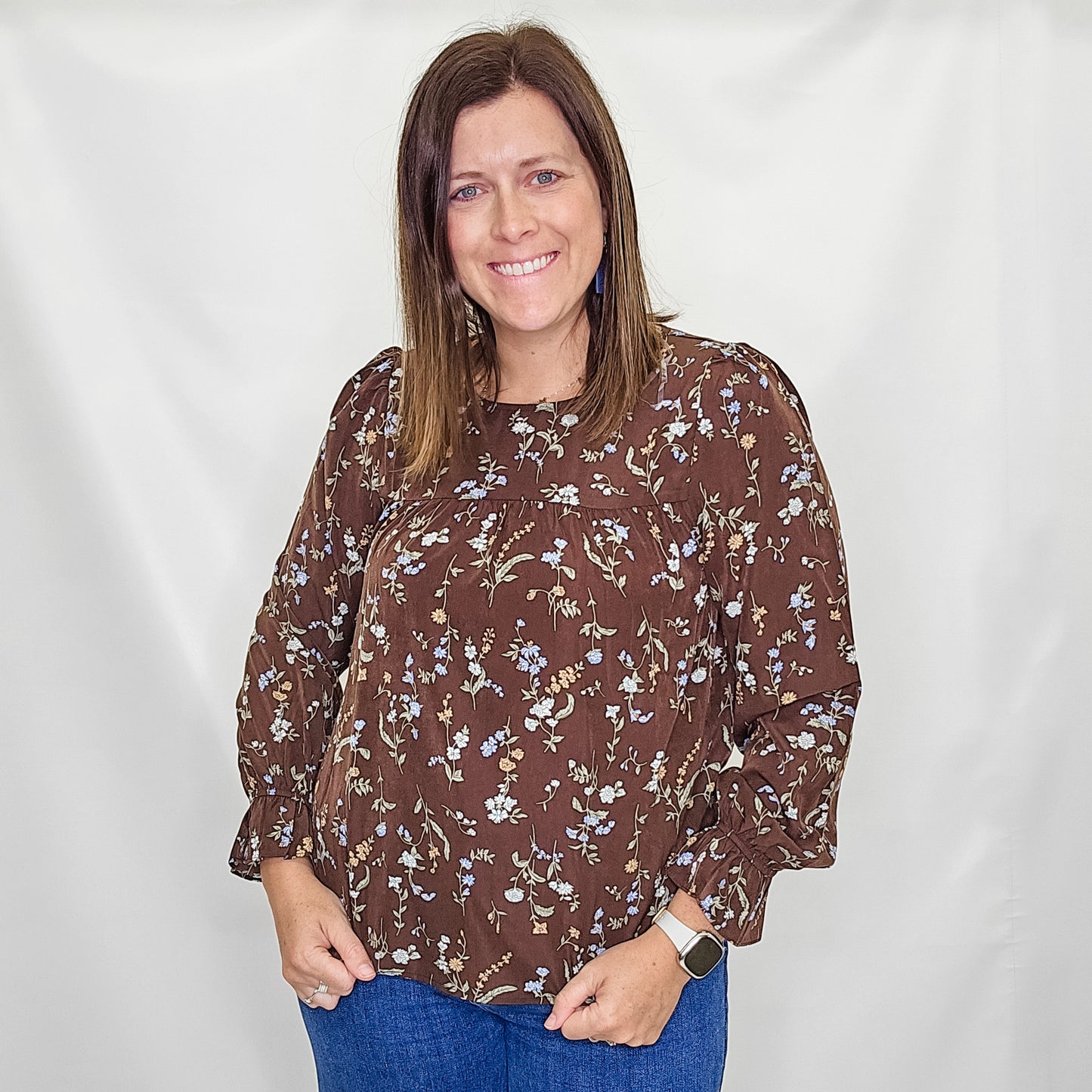 Brown Floral Ruffle Hem Top. Staccato