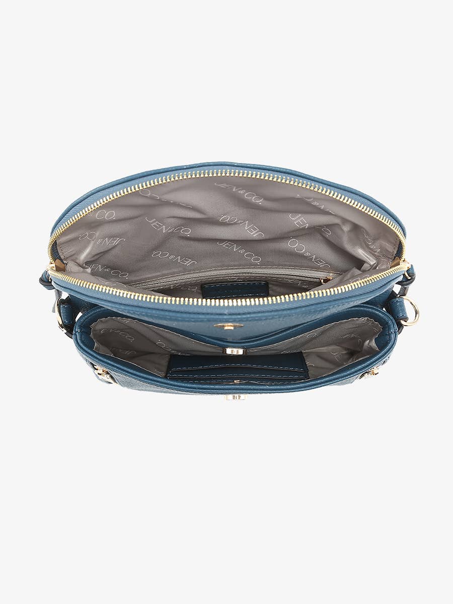 Jen & Co Aubree Flapover Multi-compartment Crossbody Bag - M2768. Pocket view. Inside view.