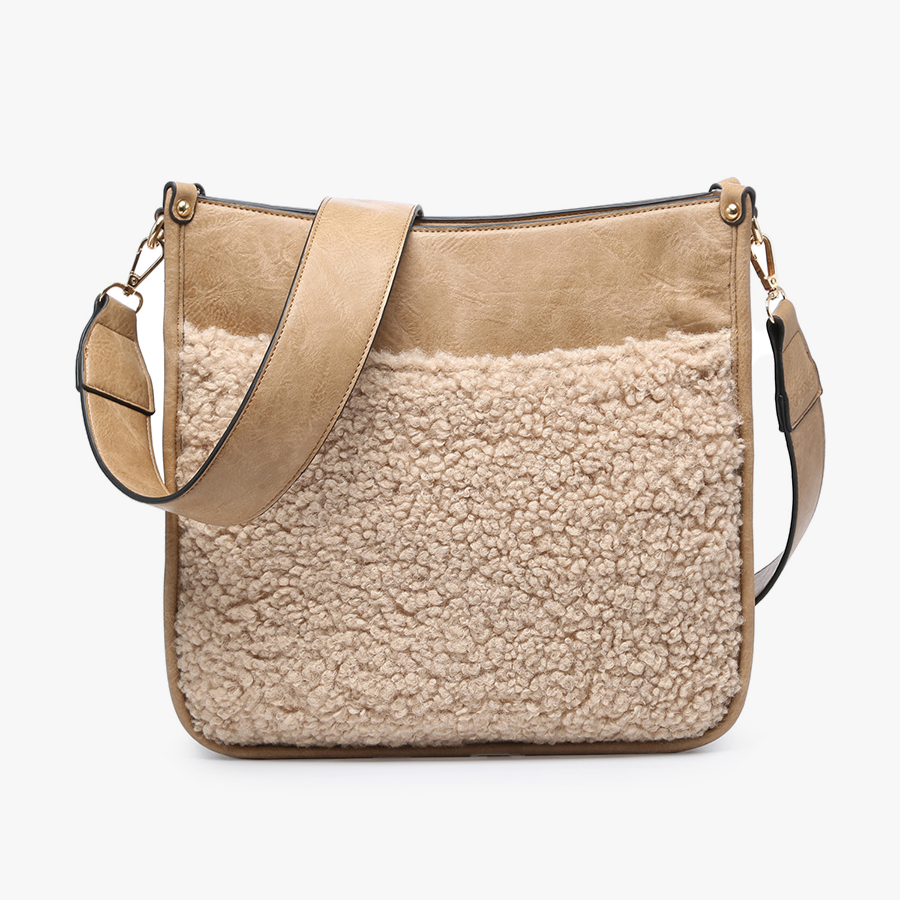 Jen & Co Chloe Teddy Trim Crossbody with Guitar Strap - M1977TED. Taupe. Front view.